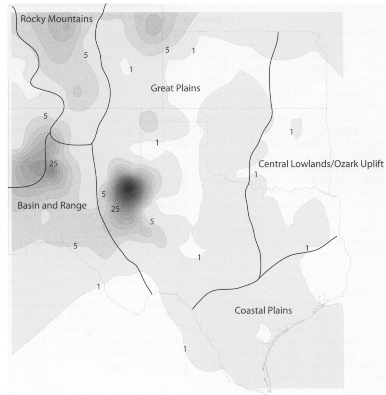 Figure 15. Folsom site density for different physiographic regions.  in size and are generally not reoccupied. Most sin- gle occupation campsites are also less than | ha in size. Conversely, all those greater than 1 ha appear reoccupied. The few small sites showing evidence for reoccupation, such as Agate Basin and Hell Gap, are only small segments of larger Paleoindian landscapes.  in size and are generally not reoccupied. Most sin- gle occupation campsites are also less than | ha in size. Conversely, all those greater than | ha appear reoccupied. The few small sites showing evidence for reoccupation, such as Agate Basin and Hell  Gap, are only small segments of larger Paleoindian landecanec 