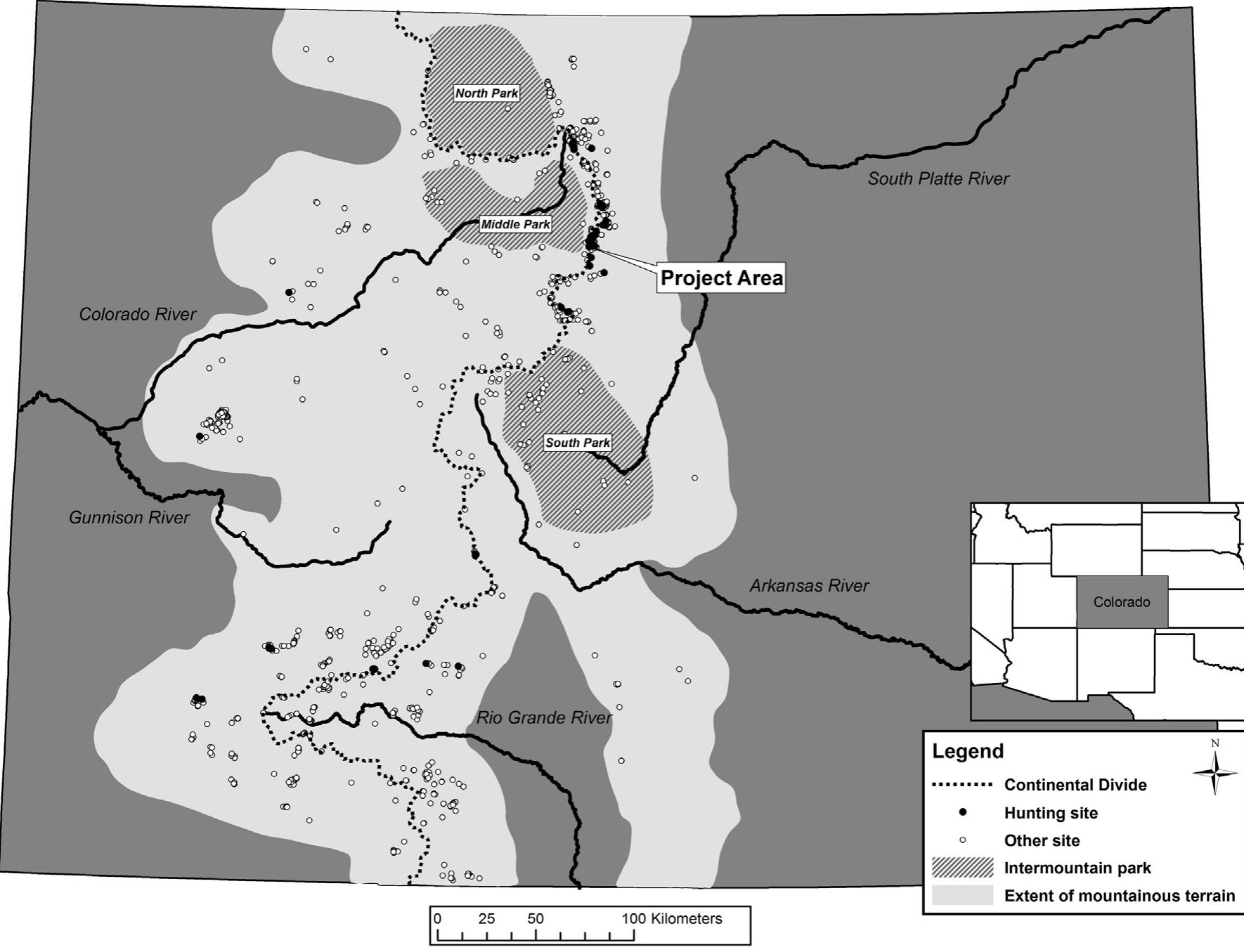 Fig. 1. Map of Colorado depicting prehistoric archaeological sites recorded above 3000 m above sea level. Hunting sites containing architectural elements (rock blinds, walls, cairns: are highlighted. Major rivers, the Continental Divide, and three important intermountain basins (North, Middle, and South Park) are also shown. 