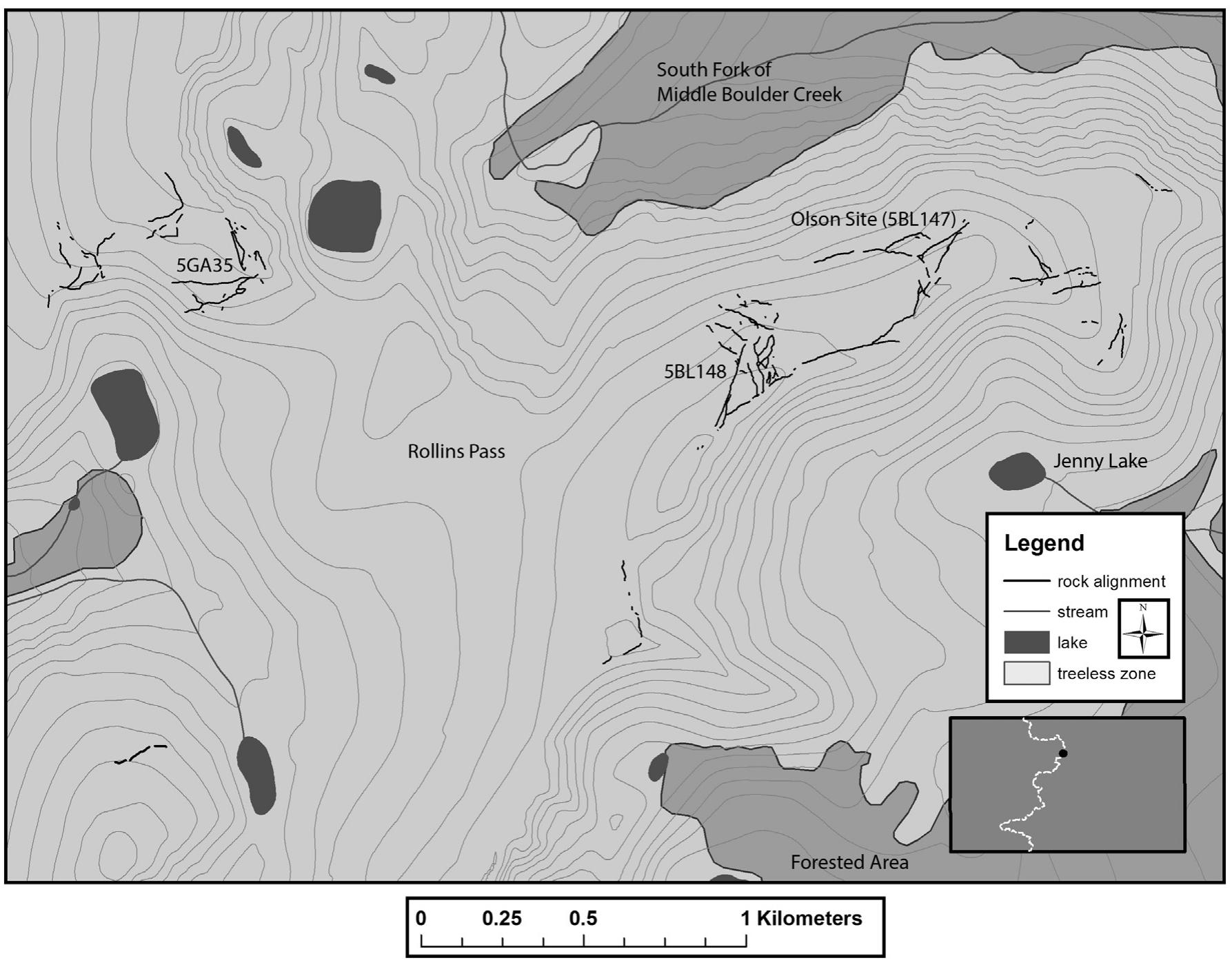Fig. 2. Map of the Rollins Pass study area depicting the location of the Olson site, eight additional game drives, and geographic features. Twelve game drive sites make up the Rollins Pass complex, with 8+ kilometers of rock walls and 187 hunting blinds effectively blocking animal migration from east—west or north—south across the Pass. 