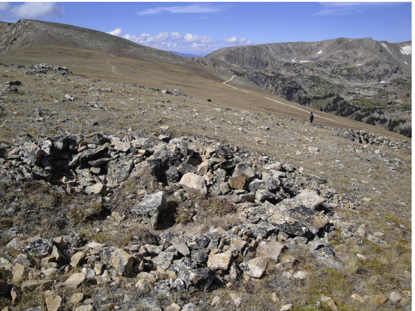 Fig. 6. Representative example of a hunting blind at the Olson site. Blind located in the pinnacle locale, with excellent view to the northwest and the grazing area. View to the west/ northwest, looking towards Rollins Pass (low spot on horizon). 