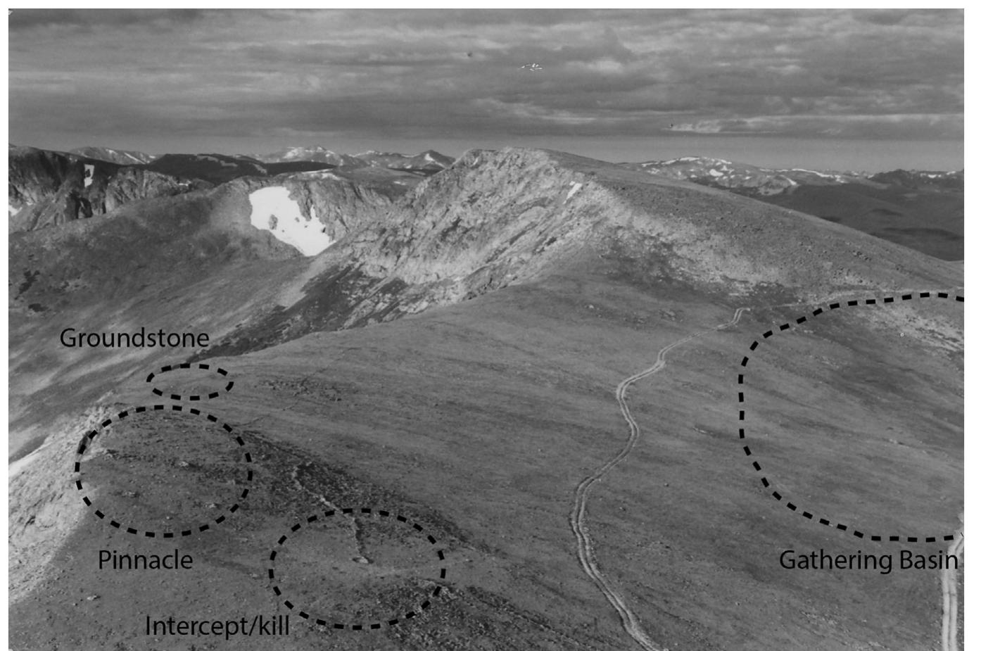 Fig. 14. Aerial overview of Olson game drive, illustrating important activity areas. View to the west/southwest, with Rollins Pass visible as the low saddle along the right hand edge of photo. Rock wall and blind depicted in Fig. 5 are shown in this close-up. Photo from the John Slay archives, Center for Mountain and Plains Archaeology, Colorado State University.  path. As the animals drifted further east, they encountered stone stripes plunging downslope from the apex of the knoll. Alongside these stripes, hunters had built walls parallel with the patterned ground. The first concentration of hunting blinds or shooting pits were encountered here.  The animals would soon approach the first low wall, located in the extreme northwestern portion of the site, some 40—50 m in elevation below the pinnacle. This initial low wall, perhaps supplemented with wooden sewels (Hutchinson, 1990), per- suaded animals to move alongside, rather than across, the stone 