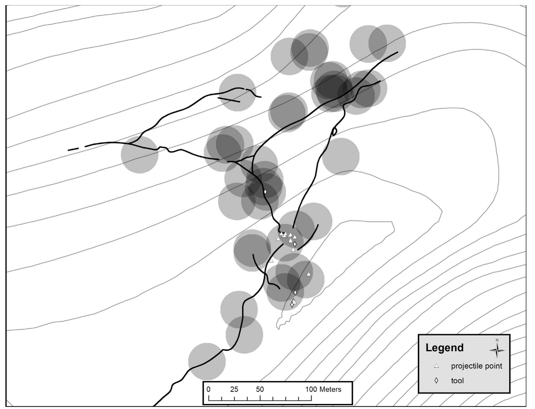 Fig. 15. Relationship between hunting blinds, rock walls, and projectile points at the Olson site. The overlapping circles represent effective bow range, plotted as 18 m from the center of each blind. The spatial overlap (darkening gray scale) of bow ranges is interpreted as purposeful, to increase prehistoric hunting success with similar range shots from multiple blinds. 