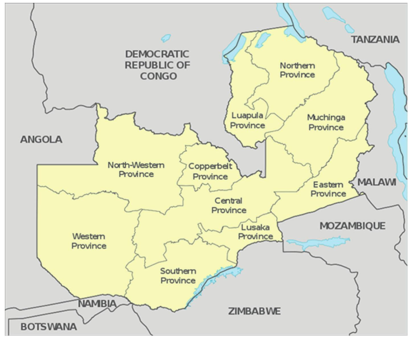 Map of zambia with neighboring countries [40].