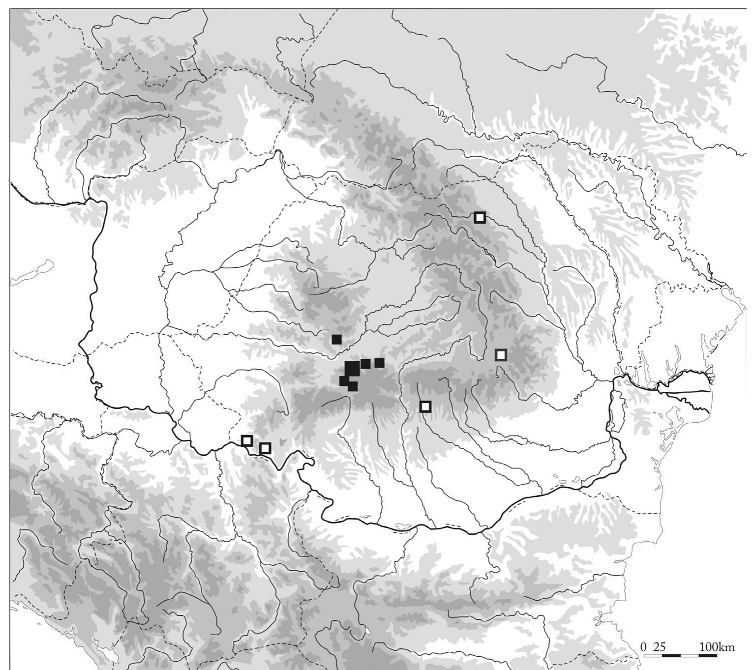 Social structures in Late Iron Age Transylvania. Archaeological evidence of social competition and hierarchy  Fig. 7. Distribution of rectangular towers built in the Hellenistic technique in the capital area of the Dacian kingdom and the neighbouring regions (black squares) and of the dry stone walls and towers built in the local technique, imitating the structures from the capital area (white  squares). 