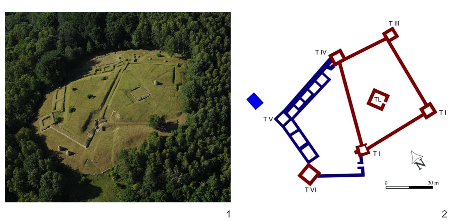 Fig. 12. Dacian fortress at Blidaru. 1. Aerial photo Z. Czajlik; 2. Plan: red — first phase; blue - second phase (after Pescaru et al. 2014). 