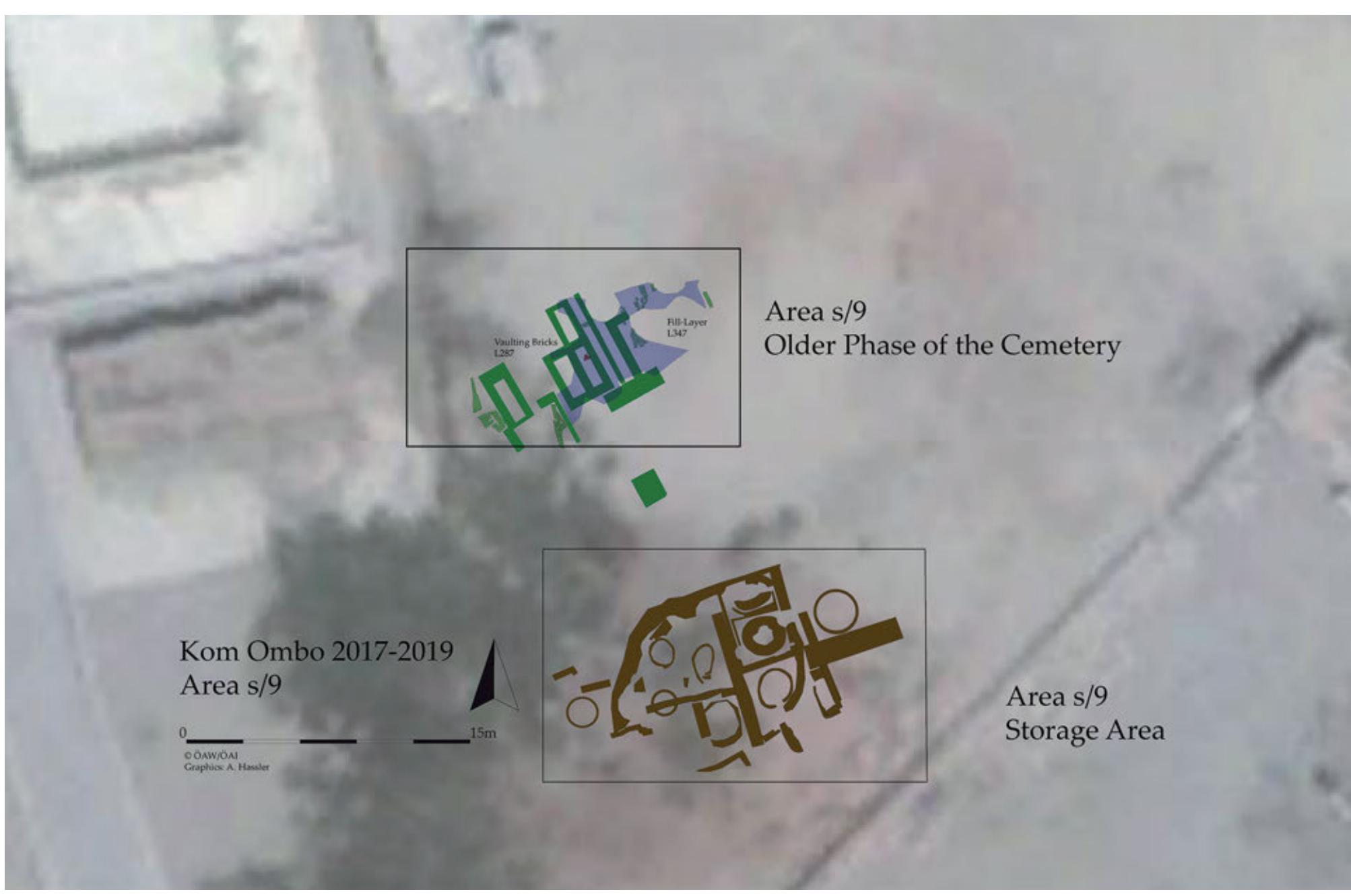 Fig. 1: Overall plan of the area excavated by the OAl.  Intermediate Period. The cemetery is built on massive levelling layers over a domestic town quarter with several phases of structures of buildings and courtyards. 
