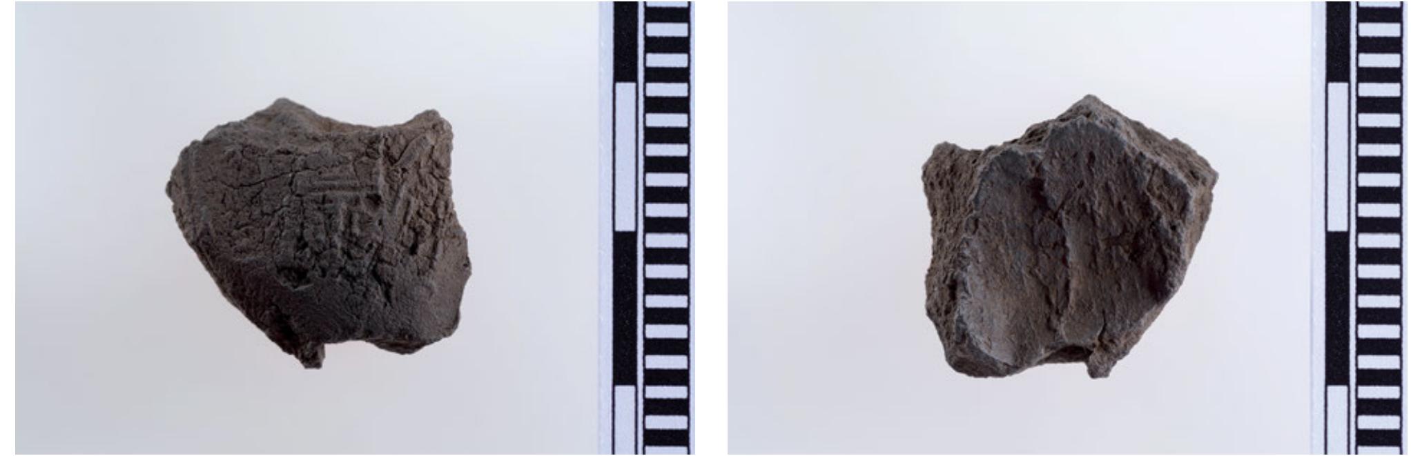 Fig. 2a—b: The sealing KO-KF 546 (left) and its rear (right).  A substantial group of the official sealings was impressed from identical cylinders and thus offers the opportunity  0 partly to reconstruc  he first appearance of impressions of the sea  omb in the latter. All t  impressions, future excavations are likely to contribu official seal issued under Neferirkara, due to its particular historic and economic significance, and as evidence for the name of Kom Ombo in the 5th Dynasty. The seal’s current reconstruction is based on the  directly underlies the first phase of the cemetery, and  the inscriptions of several of  ings KO-KF 546 (Fig. 2a—b) and  he seals employed; given the abundance of overlapping seal e to the still-missing parts. Nevertheless, we present here an  KO-KF 1436, both from the major levelling layer L347 which KO-KF 207 (Fig. 3a—b) found within the mud-brick vault of a  hree are fragments of larger sea  ings which are made of extremely fine non-tempered darkish- 