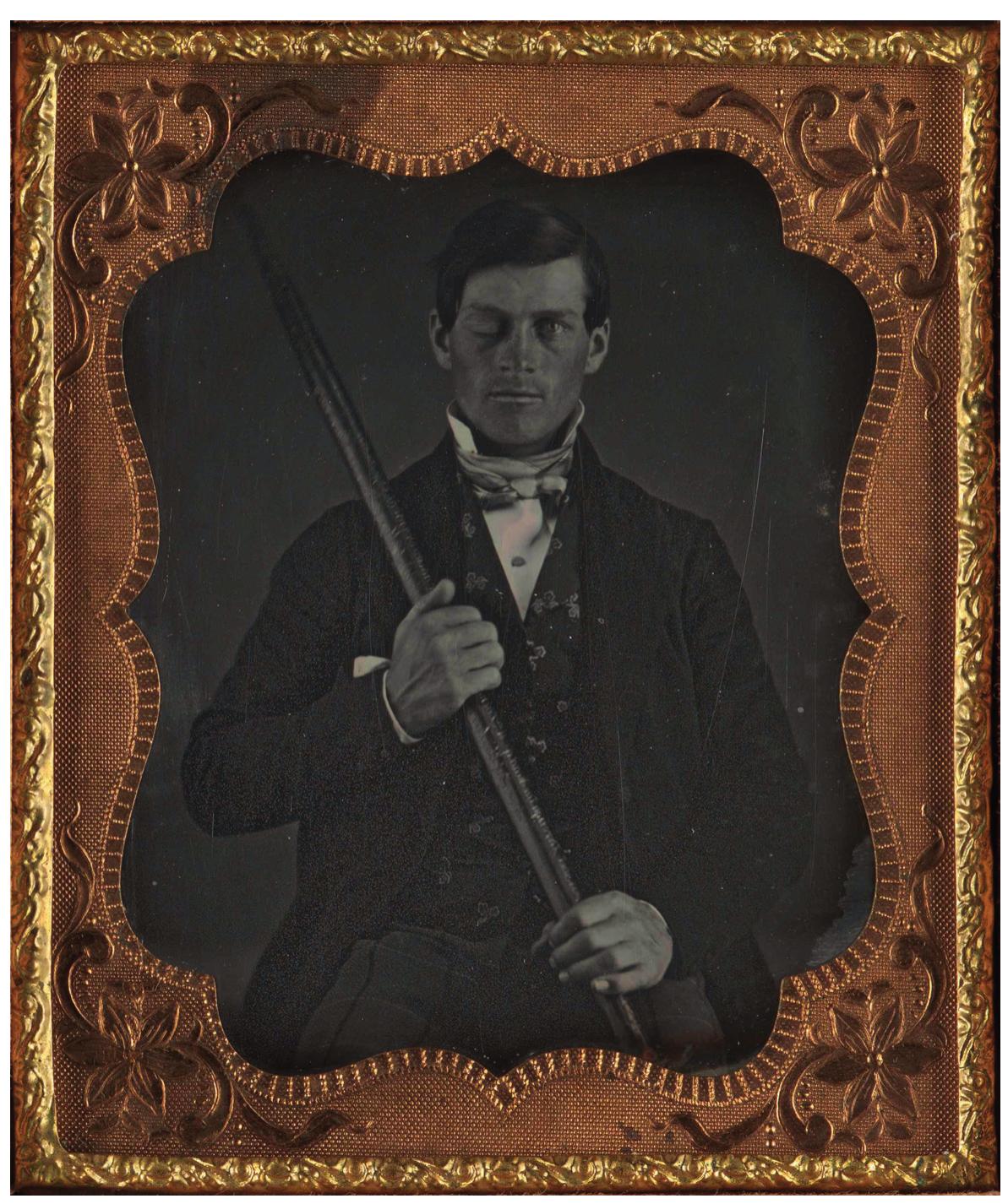 Figure 22.2: Portrait of Gage with his tamping iron. Gifted to the Museum by Jack and Beverly Wilgus.  The gallery that exhibited Gage was in the Library, and the tours would stop in the gallery specifically to see Gage. In 2020, the Museum's col- lections are closed as it undergoes a major renovation, opening again in the spring 2022. 1 had the chance to talk with Hall about the Gage exhibit and what he knew about Gage. One of the things that most struck me during our conversation was that Hall referred to him by his first name — as Phinaes — like a friend. I sensed that Hall had a sort of affective attachment for Gage and that he feels a deep ethical responsi- bility in caring for the Gage collection, but also in how Gage’s story is shared with the world and used in medical education today. He spoke te me about concerns regarding consent, the reproduction of Gage’s skull through new 3D printing machines, and how Gage’s case is taken up in medical and anatomy education at Harvard. 