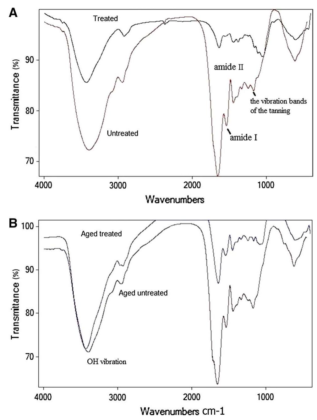 Fig.3 Shows the FTIR result of the treated sheep leather: a points out that a dramatic increase in most functional groups after treat- ment was spotted; b points out that the ratio of amide I to amide II in untreated leather prominently increased under impact of thermal age- ing which confirmed the increase in B-sheet structure in contrast to the treated samples 