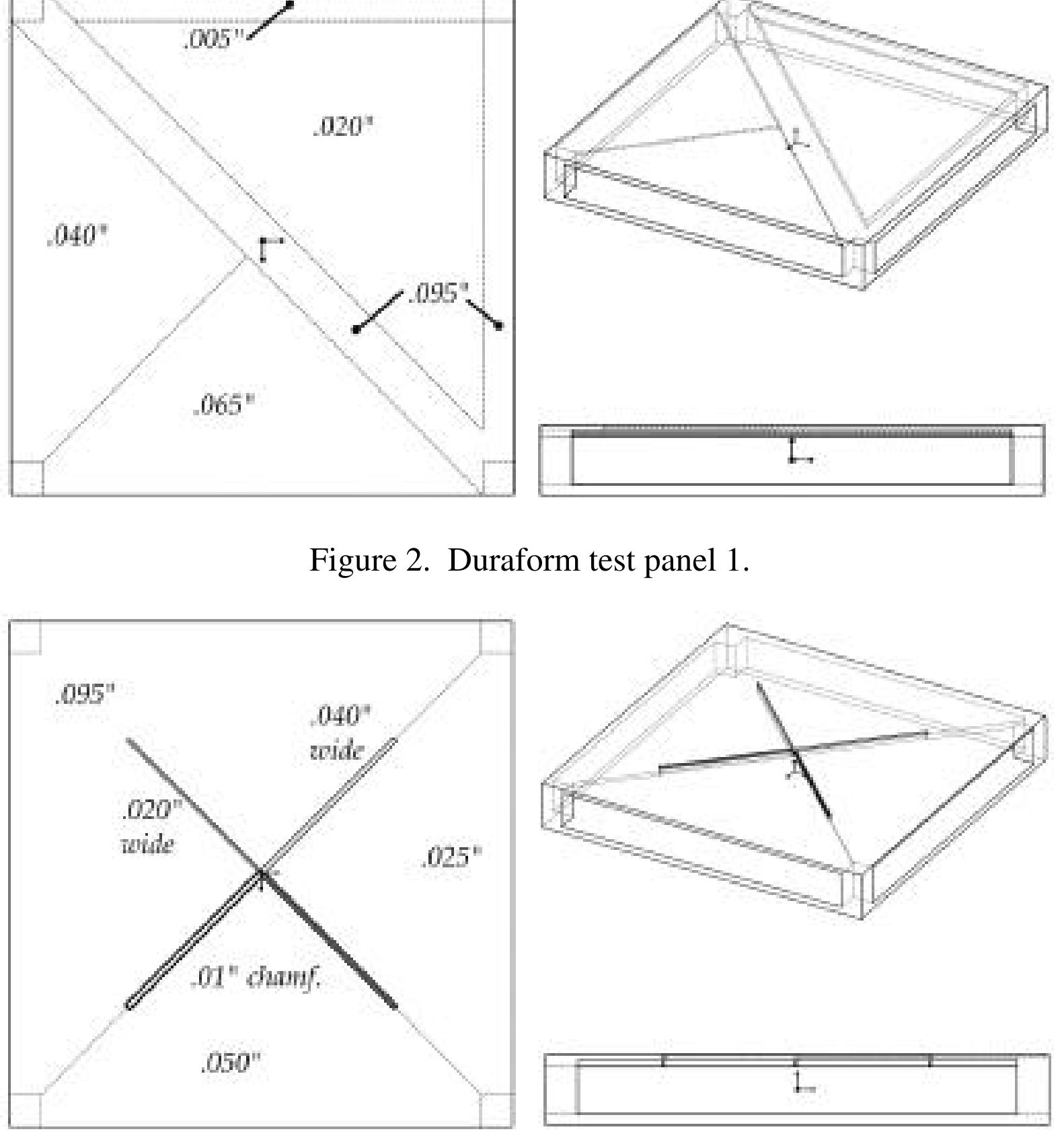 The Duraform powder used for these samples was recycled once. The parts were fabricated with no difficulties. The Duraform prototypes are all shown in Figure 5. It is interesting to note the color difference depending on the thickness of the material: the lighter the color, the thinner the material. With the recycled powder there is still some difficulty getting consistent properties in a vertically built wall, as evidenced by the striations in the half panels. 