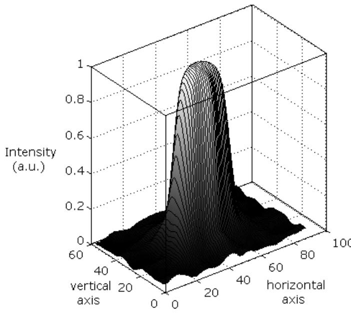 (b) surface plot of light intensity from bitmap  (a) image of light intensity as captured by CCD camera 