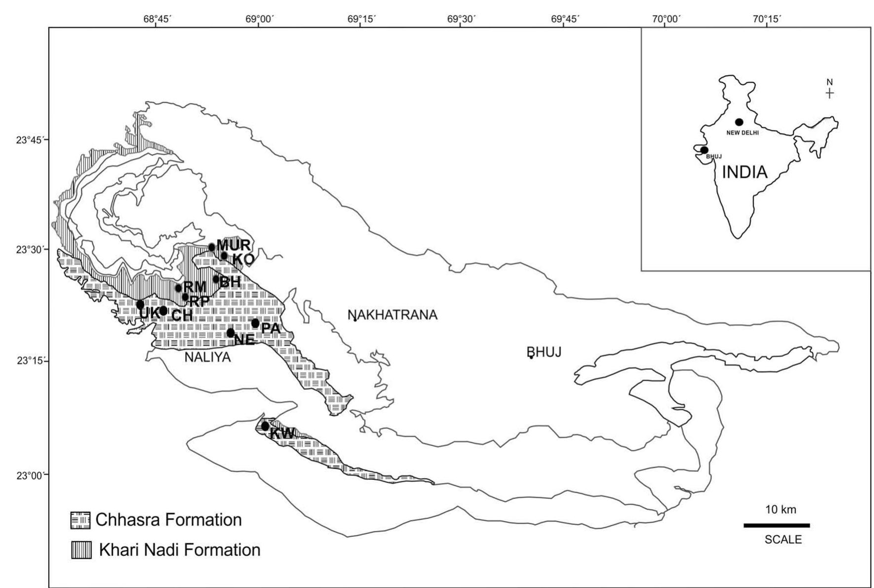 Map showing the studied area and fossil bearing localities