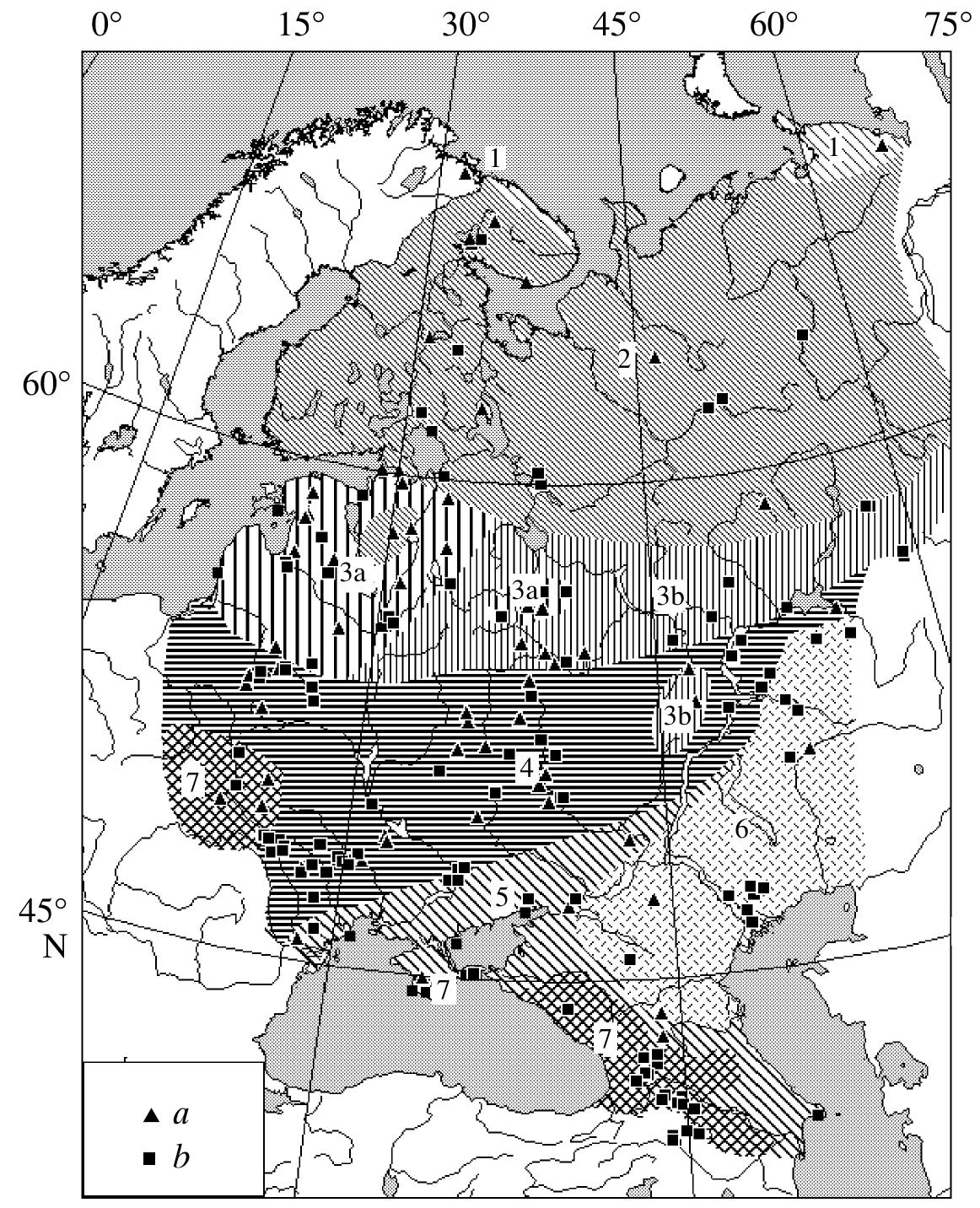 Ecosystems of Eastern Europe in the Holocene Atlantic Optimum by theriologic and floristic data. (1) Forest tundra; (2) taiga; (3) mixed coniferous—broad-leaved forests: (3a) coniferous—broad-leaved and broad-leaved forests, (3b) sparse broad-leaved—conif-  erous and broad-leaved pine forests; (4) forest steppe; (5) southern forest steppe; (6) steppe and semidesert; (7) mountain and foot- hill forests and forest steppes. (a) Sections with paleobotanical materials; (b) mammal localities. 