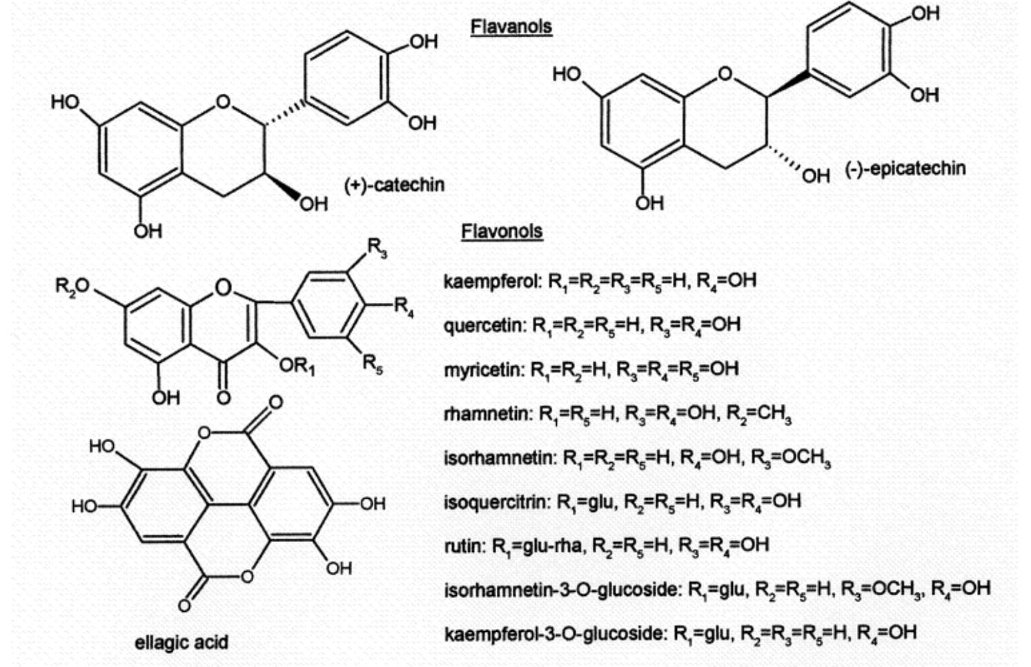 Structure of flavanols, flavonols and ellagic acid another