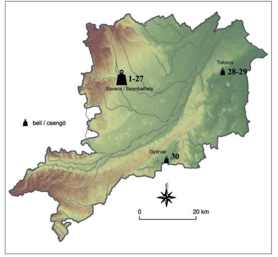 Figure 2. Map of sites with Roman bells in Vas County (Graphic: B. Santa, V. Seres)  i a I a ONE UK ee, EN ES  In total, the authors know about 37 bells from an- cient Savaria, two from Tokorcs and one from Gy6rvar, county of Vas (Figures 2, 3). The ancient sanctuary district was located in the south of Savaria. Here, in the building remains of the Isis- -sanctuary (present day Rakoczi Ferenc utca 6-8.), eleven bells were excavated. Ten of them are from the ancient sanctuary well in the court (SoszTAR- ITS 2003: 53; BALAzs 2012: 74-75; SOSZTARITS et al. 2013: 125, 280). They were placed one inside another by size and probably formed a set. Another one was also found in a waste layer next to one of the several discovered wells in the south-eastern 
