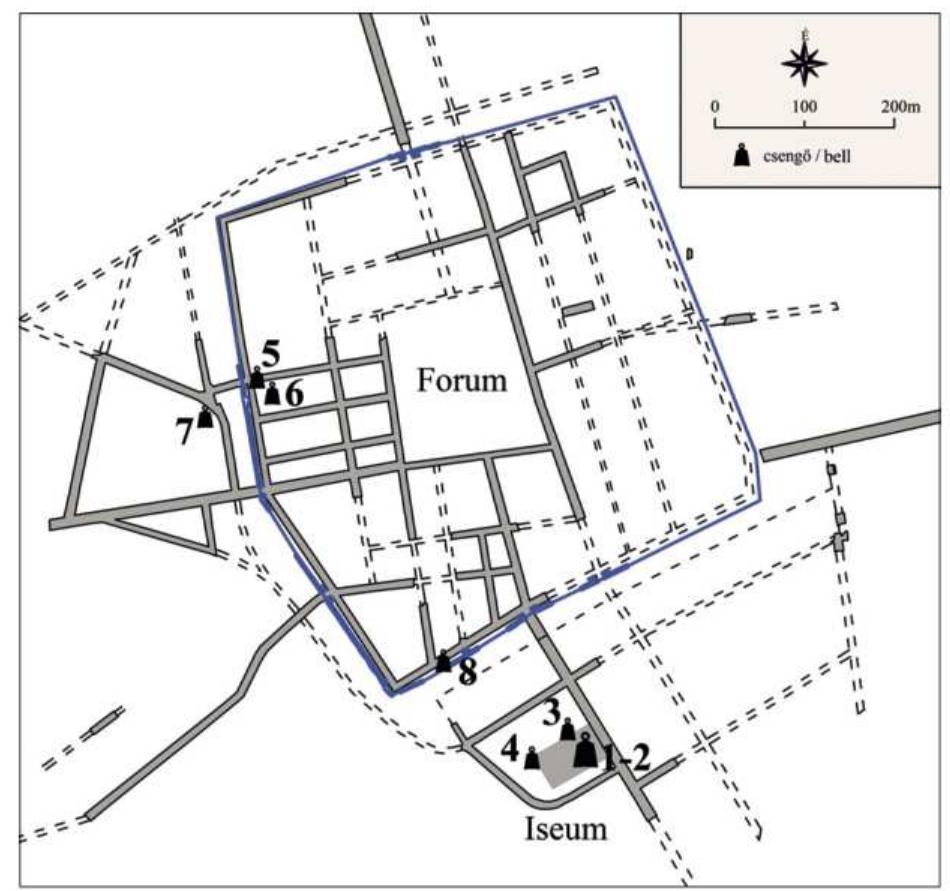 Figure 3. Map of sites with Roman bells in Savaria (Graphic: B. Santa, V. Seres)  Three bells were excavated in the territory of Jardanyi Paulovics Istvan Romkert. One bell (cat. 5.) comes from the site Szily Janos (former Alkot- many) utca 3. It was excavated near the late Roman palace and the earlier Mercurius temple, near the ancient customs station and the y- shaped road junction. Another one (cat. 6.) orig- inates within the ancient city wall, and a further one (cat. 7.) was found extra muros, at the road junction (Figures 16, 18). There are 18 bells which were found within the area of Savaria but with- 
