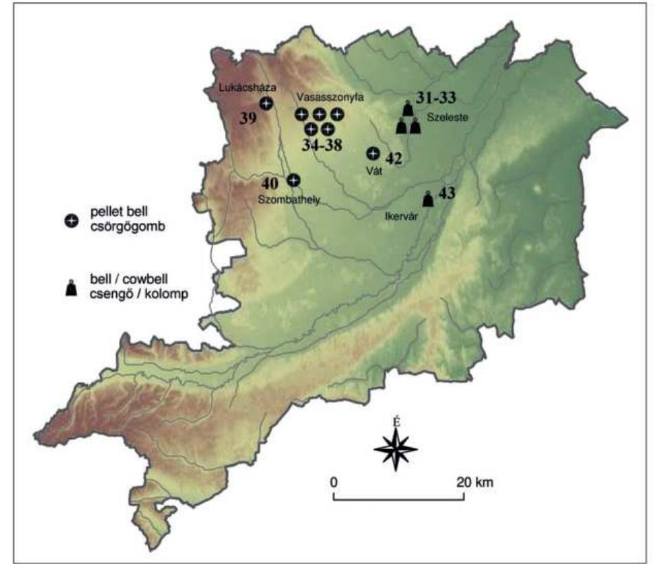 From the Avar Period cemetery in Vasasszonyfa- Gy6p originally four pellet bell and one bell are known, but at least two pellet bells and the bell are lost. They stem from the graves 88, 128, 143, 154 and one from an unknown grave (cat. 34-38.). The nearly thousand graves of the cemetery date to the Late Avar Period. The first excavation al- ready took place in the years 1923-27, unfortu- nately the information is incomplete and no ex- cavation map was handed down. The graveyard was found during fieldwork, during which many graves perished—or were unfortunately robbed by art-thieves. Finds of these graves were lost or partially went to different Hungarian museums and partially to private collectors, such as Dr. Jozsef Dreiszker’s collection. His Avar artefacts are now in the collection of the Savaria Museum (Kiss G. 1985, 1993: 197). Among these finds are the examined artefacts. In the 1970’s and 1980's, Kornél Bakay and Gabor Kiss lead excavations on the territory of the graveyard, but during these no pellet bell was unearthed. Another pellet bell  Figure 10. Distribution of pellet bells and bells of the Migration 