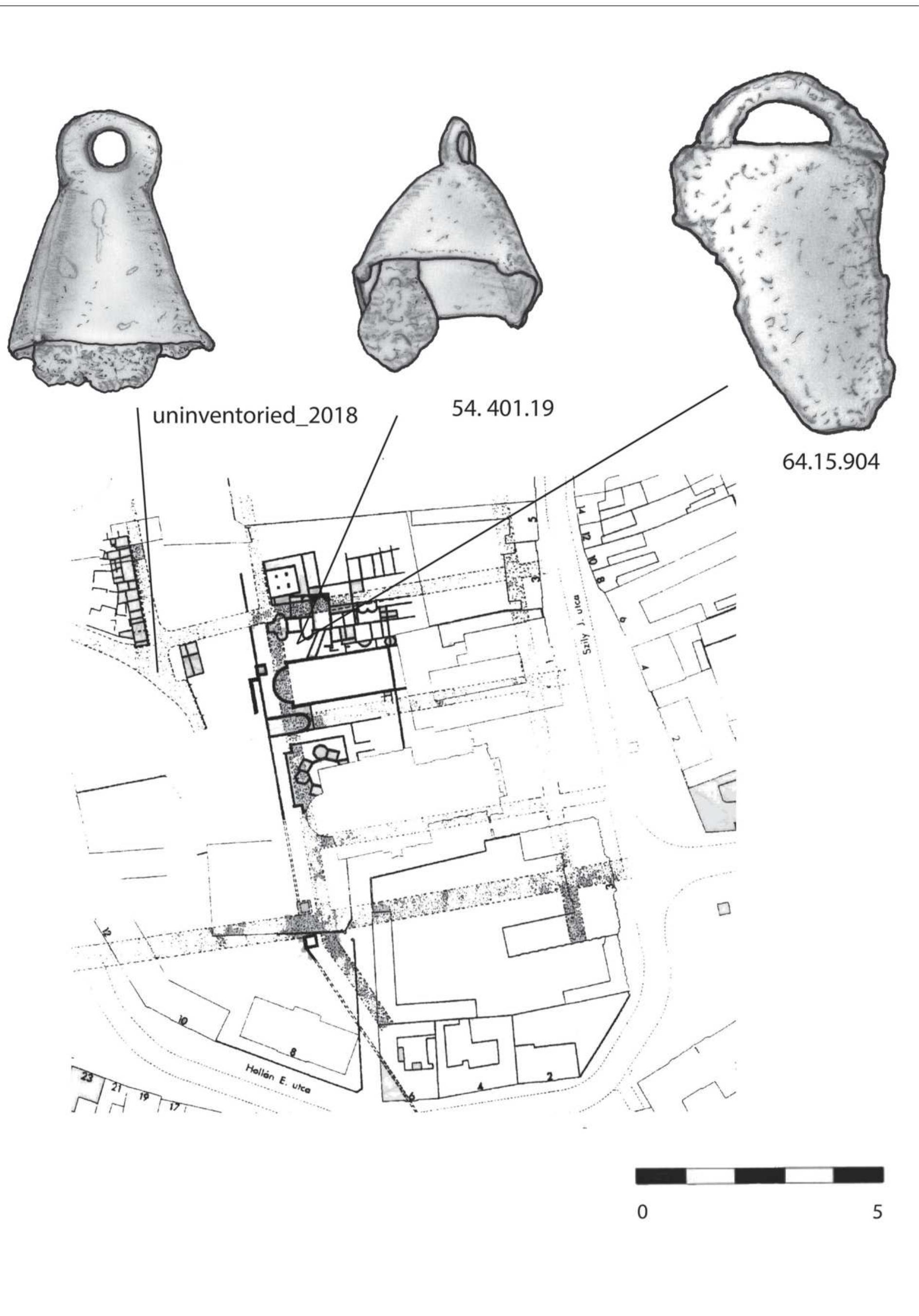 Figure 16. Bells excavated in the Jardanyi Paulovics Istvan Romkert (Graphic: bells by B. M. Pomberger, plan modified by B. M. Pomberger after Kiss G. et al. 1998: Fig. 32)  vi Bhima Cannvih:. Aste Driilikes lena Dit bat (Ditto: DB: AA Dacn hana alanis RAL. Davshovsiss Mice l. at al. SaARs o4.ttw) 