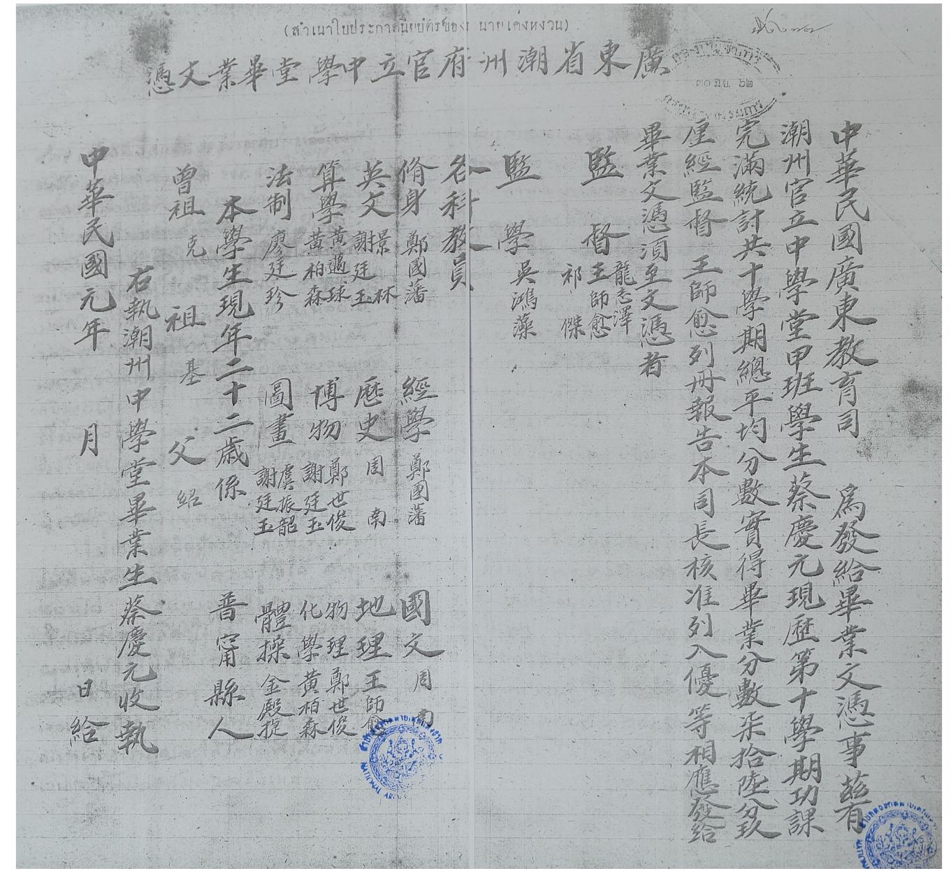 21: a photocopy of a school certificate of chua khengnguan