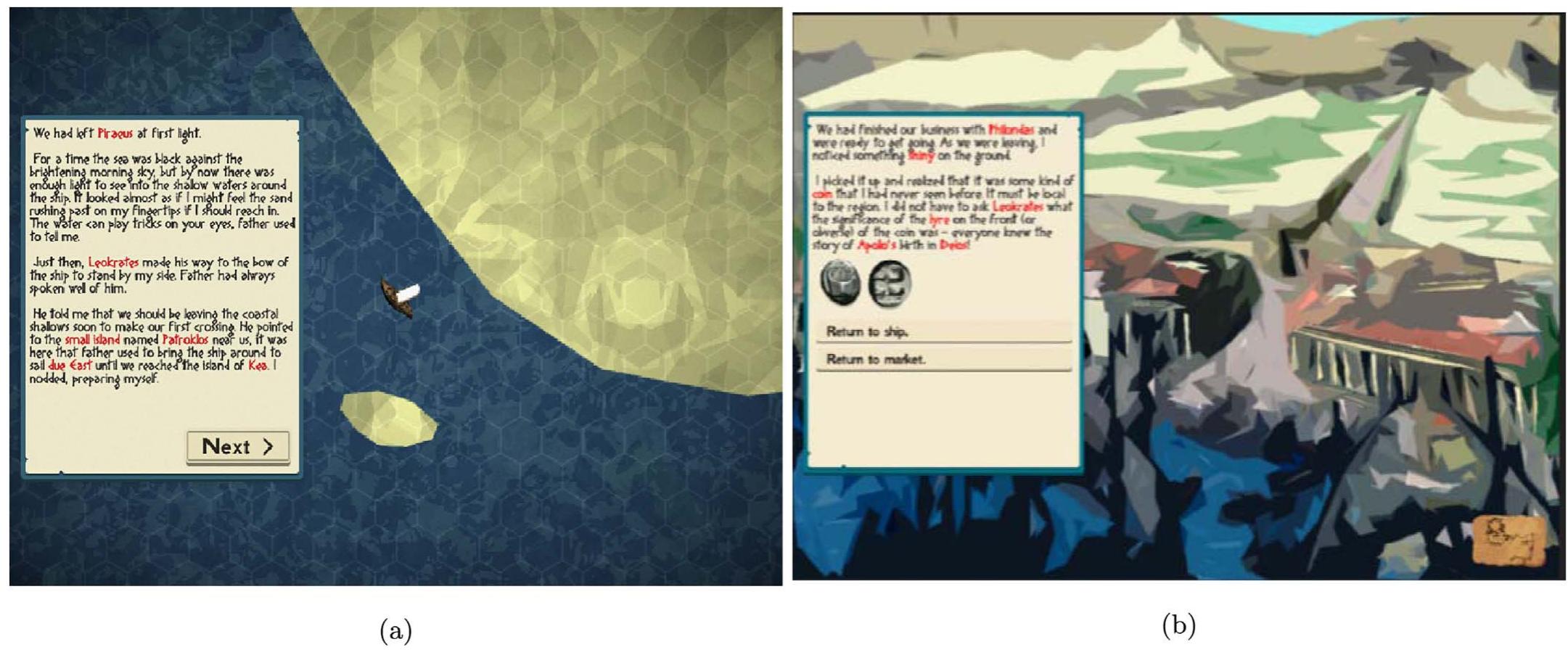 Fig. 2. Example narratives in the game. (a) An example of a narrative used to assist the player in navigating the Aegean. (b) An example of a narrative used to provide information about the coinage at a specific harbour. 