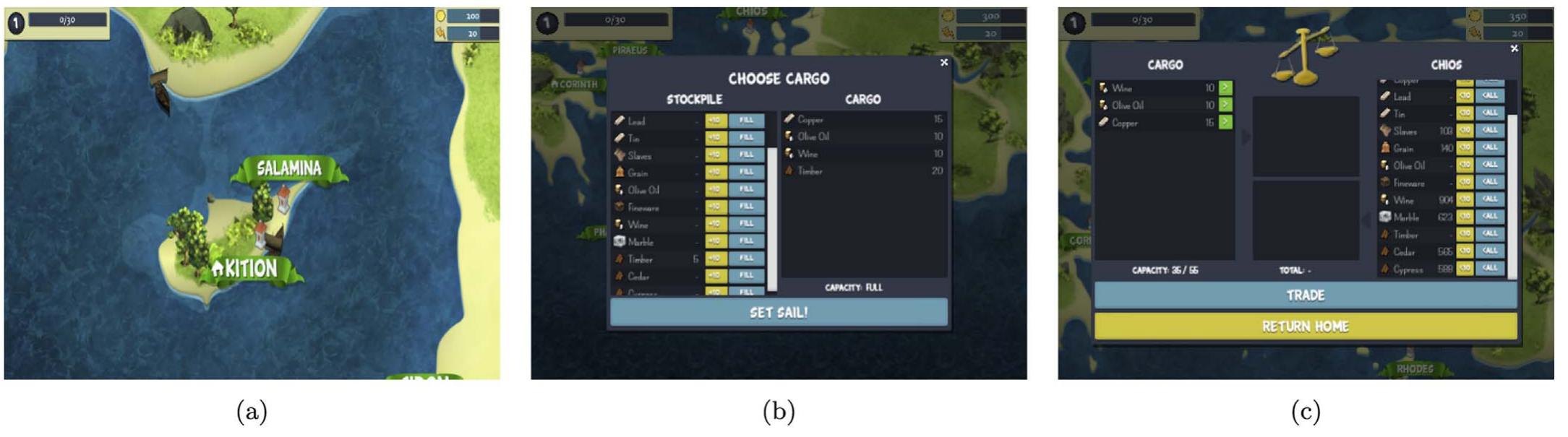 Fig. 4. The Seafarers - 1. (a) Overall look and feel. (b) Choosing the cargo before setting sail. (c) Trading goods at the port in Chios. 