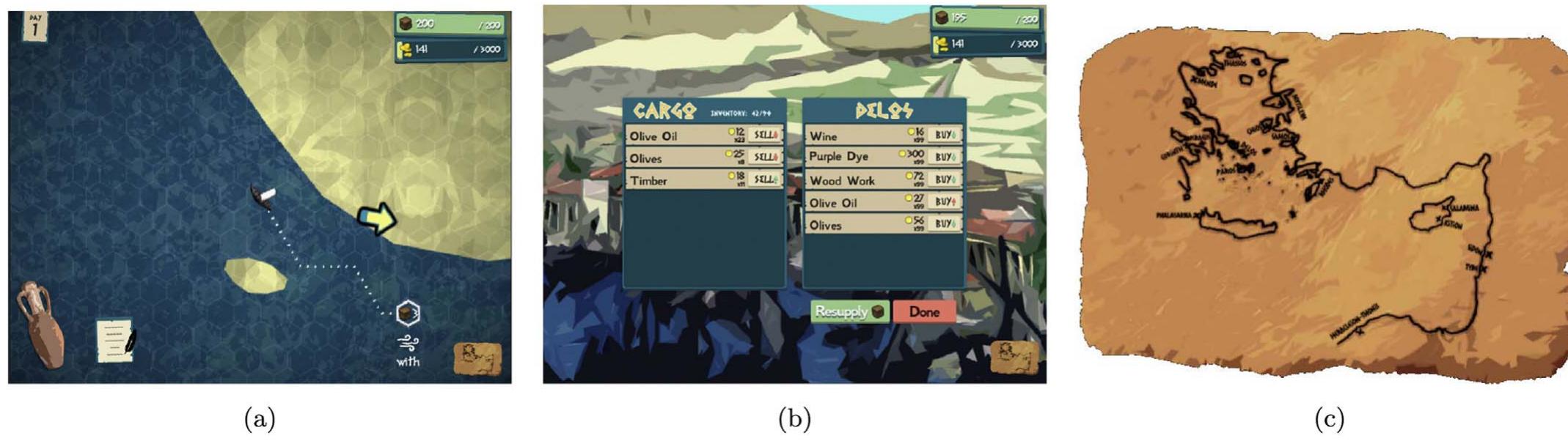 Fig. 5. The Seafarers - 2. (a) Overall look and feel of the second prototype. Weather information from geospatial data i.e. wind direction, determines the speed of travel. Traveling with the wind results in faster journeys. Depending on the selected location the speed changes and the wind icon changes to reflect the deviation from the wind direction. Landmarks i.e. the small island, are used in the narratives for navigation. (b) Trading goods at the port in Delos. The prices for the commodities vary from port to port. Available commodities at each port depend on historical data. (c) The area in which all the ports are located. The player is free to navigate to any of the ports. 
