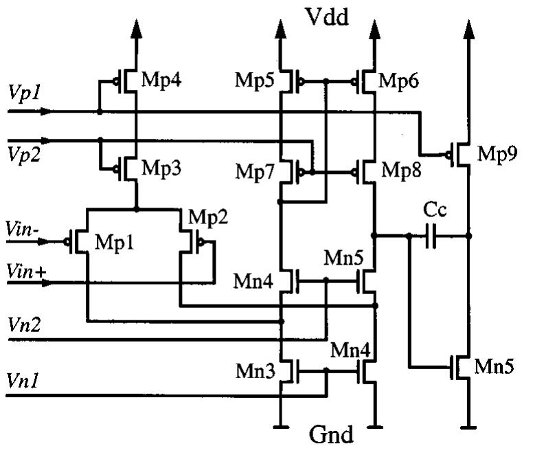 Folded cascode operational amplifier used in the design of