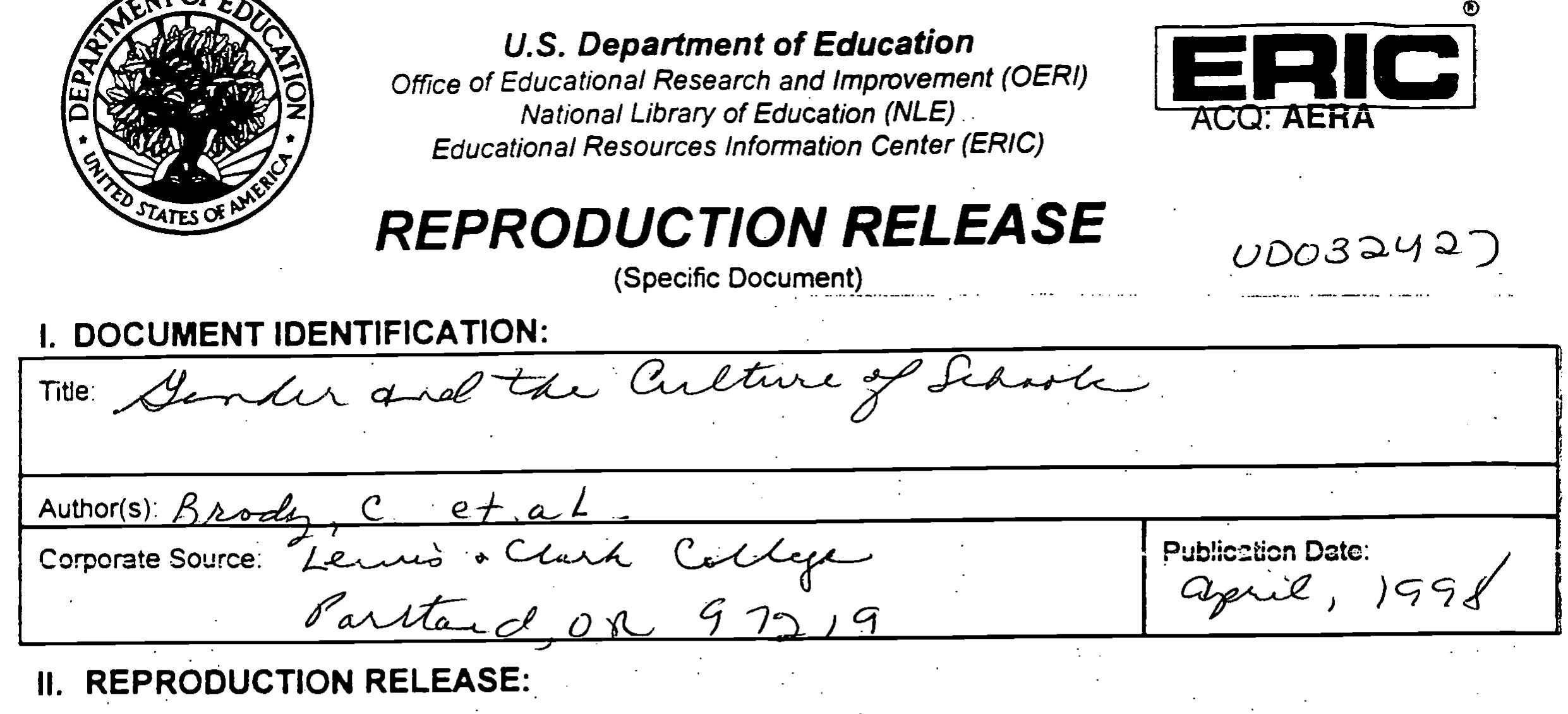Eric Microfiche Example (PDF) Gender and the Culture of Schools