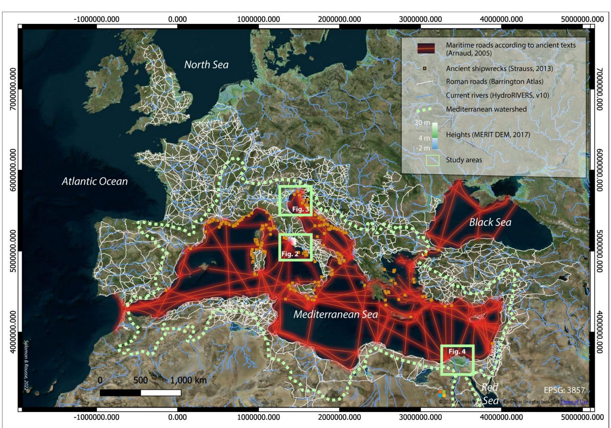 Figure 1. Main port systems in fluvio-coastal contexts during the Roman period. Sources: Talbert, 2000 (Barrington Atlas); Arnaud, 2005; Strauss, 2013; MERIT DEM 2017, HydroRIVERS v10. 