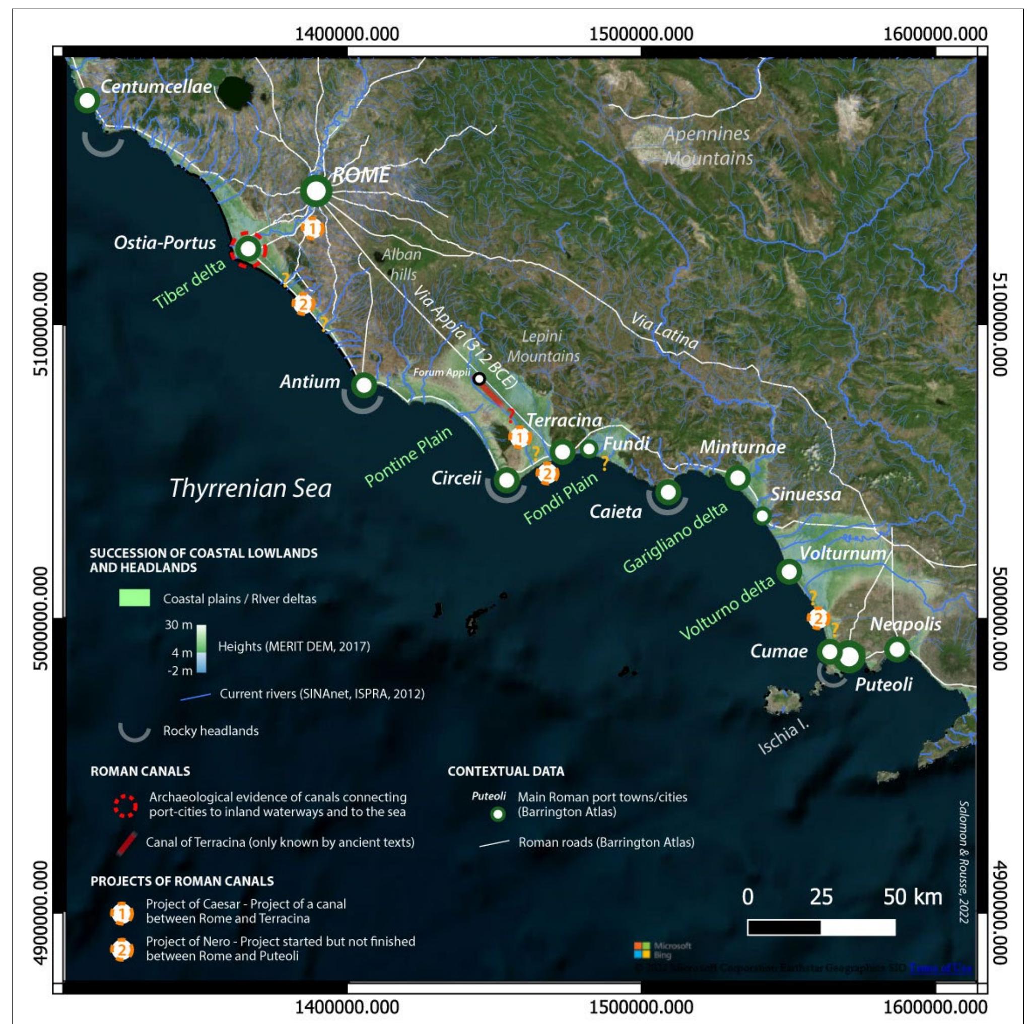 Figure 2. The Latium and Campanian coasts near Rome. A series of coastal plains and river deltas separated by headlands. Sources: Talbert, 2000 (Barrington Atlas); Keay et al. 2005, 2020; Salomon, 2013; SINAnet, ISPRA, 2012; MERT DEM 2017. 