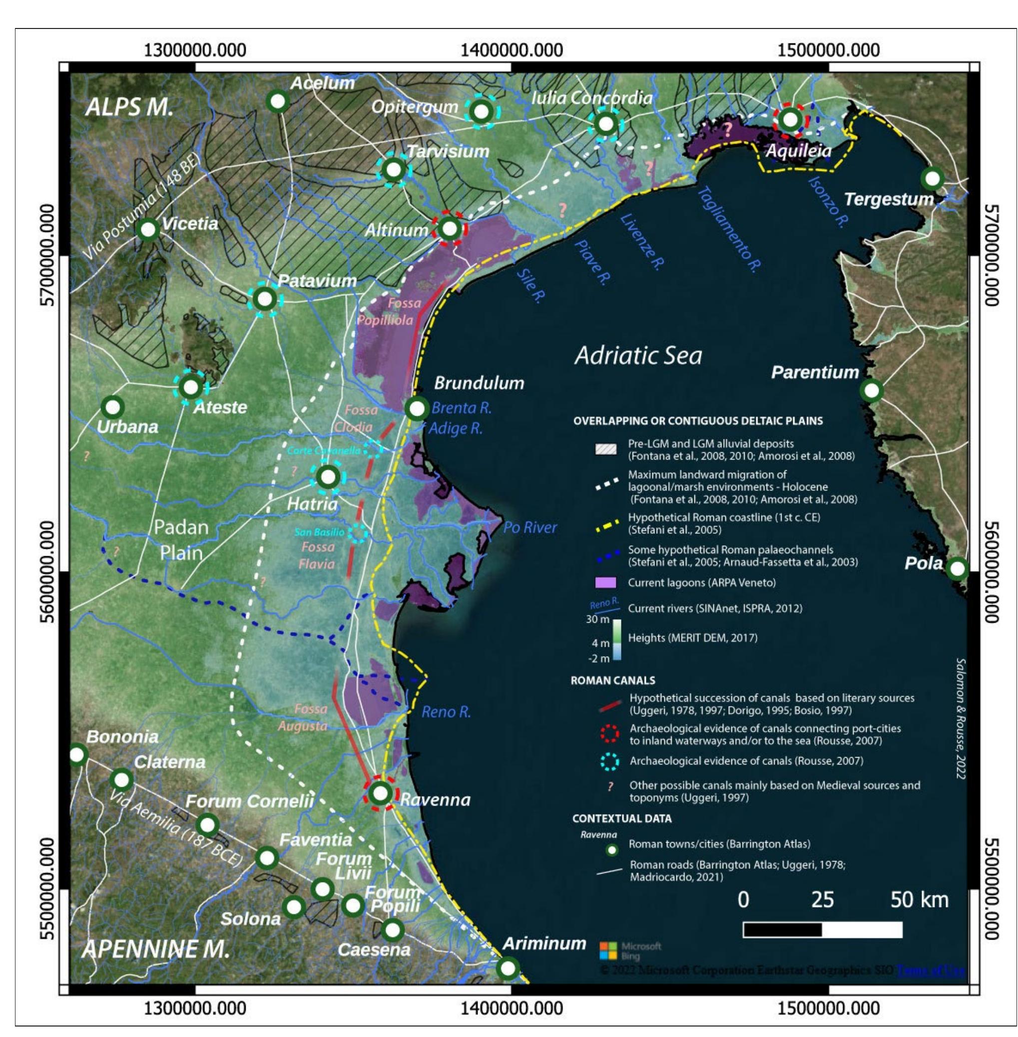 Figure 3. The Adriatic back coastal arc during the Roman period. Sources: Uggeri 1978; Dorigo 1995; Bosio 1997; Talbert 2000 (Barrington Atlas); Arnaud-Fassetta et al. 2003; Stefani & Vincenzi 2005; Rousse, 2007; Fontana et al. 2008, 2010; Amorosi et al. 2008; ;Madricardo et al, 2021; ARPA Veneto, SINAnet, ISPRA, 2012; MERT DEM 2017 