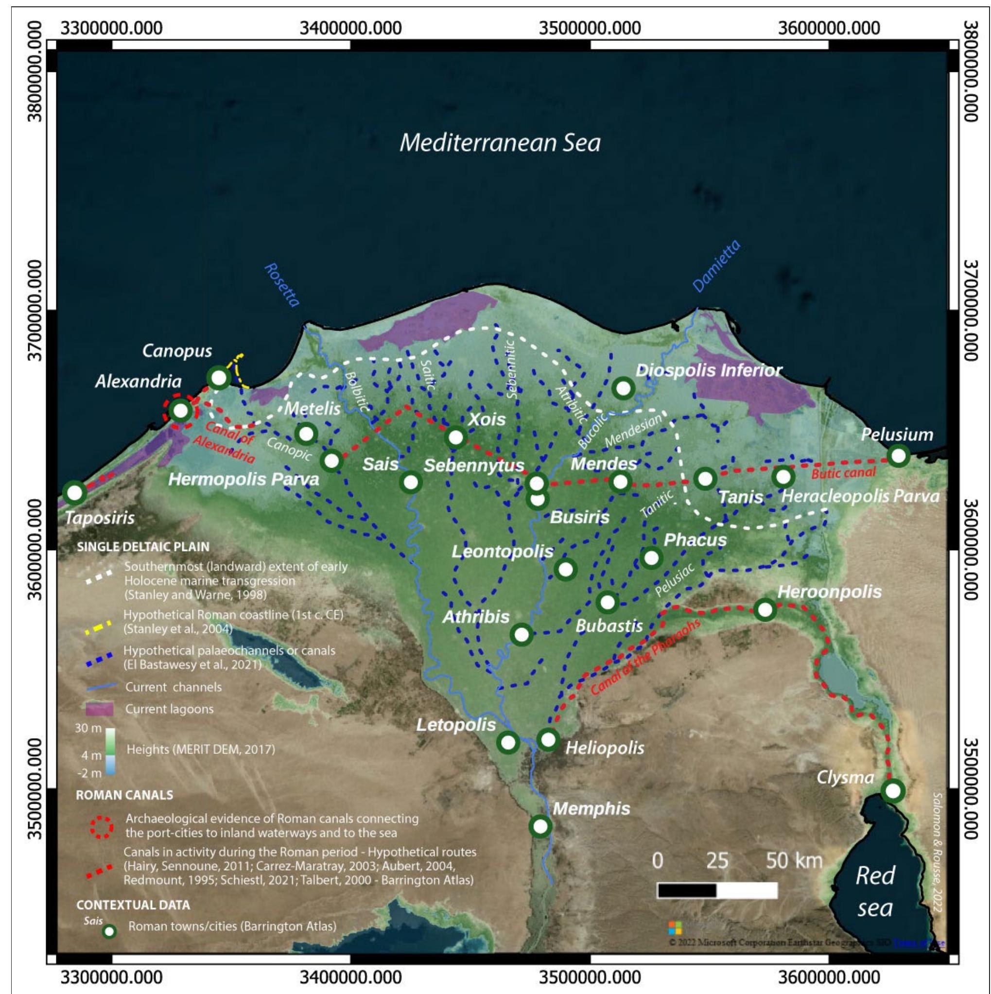 Figure 4. The Nile delta during the Roman period. Source: Redmount 1995; Stanley & Warne 1998; Talbert 2000 (Barrington Atlas); Carrez-Maratray 2003; Aubert 2004; Stanley et al. 2004; Hairy 2011; El Bastawesy et al. 2016; Schiestl 2021; SINAnet, ISPRA, 2012; MERT DEM 2017.  GR ee ee eS  nals. - Locally, major fluvio-coastal port-cities en- gaged in lots of work in their infrastructure. These include Rome, Aquileia, Ravenna, and Alexandria. These cities had supra-regional influence and con- tributed to reorganised wide fluvio-coastal territo- ries. Rome had the specificity to be located more inland compared to the other cities that where clos- 