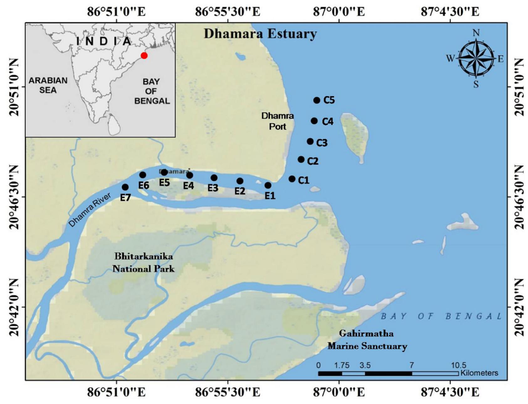 Dhamara Map Map showing the sampling location of dhamra estuary (e1-e7)