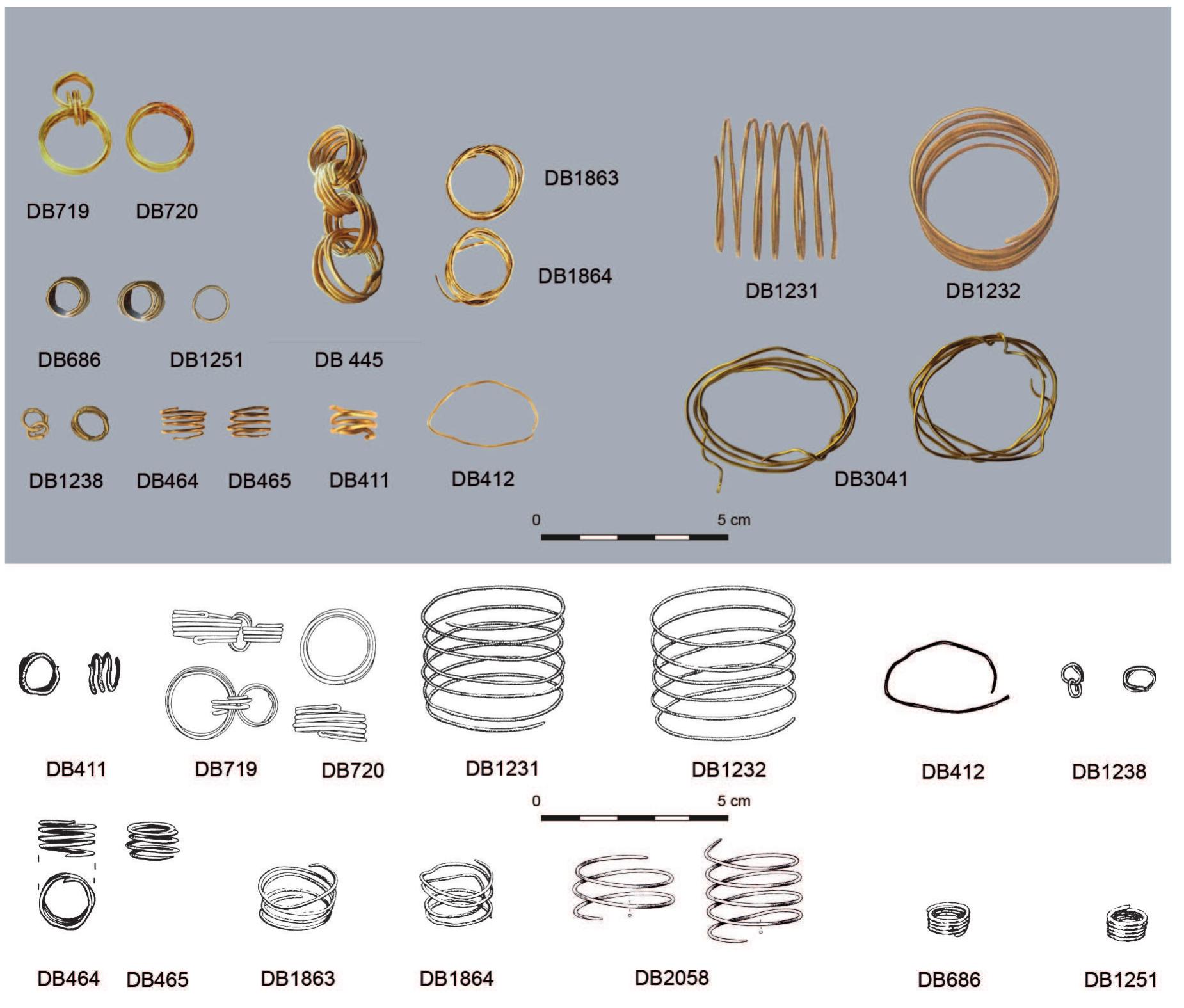 Fig. 4. Middle Bronze Age gold finds from the Netherlands (photos: DB719-720: after canonvannederland.nl; B1231-DB1232, DB1238, DB1863, DB686, DB1251: Drents museum; DB411-DB412, DB464-DB465, RMO; DB445: photo owner; DB3041: photo owner. Drawings: DB719-DB720: IPP Amsterdam; otherwise GIA).  21The gold spirals from Velsen (DB719-720) have a similar diameter and were also found near the head (Bosman & Soonius 1990; Butler 19: 94-95), but in this case the spirals were constructed from double-bent wire (fig. 4). Also, one of the spirals consists of three interlocked rings of varying diameter. If these too were used around strands of hair, it seems plausible that hair/braids were only threaded through the large loops. As with Hijken and Sleenerzand, a palstave was present — but this time accompanied by a sword (rapier; Kleijne 2015: 63, afb. 53). In terms of dating, a generic Middle Bronze Age — B (i.e.1500-1000 BCE) has been suggested based on the palstave (Butler 1990: 95), but a dating to the start of this period (c. 1474-1325 BCE; Kleijne (2015: 65) is plausible. Moreover, for other gold spiral ornaments such as those from Ootmarssum (DB2058; Stroink 1962: 55) and Stroeérzand (DB411; DB412; Bursch 1933: Taf. V; 37 & 45), no contextual information is known other than ‘originating from a barrow/grave’. For the linked gold double-wire chain from Susteren (DB445), even less information is available. Tentatively, they may originate from a disturbed funerary site, but no contextual information is available (Butler 1969: pl. 6; Warmenbol 1989: 509; Van Hoof 2000: 57). The Bronze Age date for the Susteren gold chain is ultimately just based on the comparable technique of double-wire coiling seen at Velsen (DB719-720). 