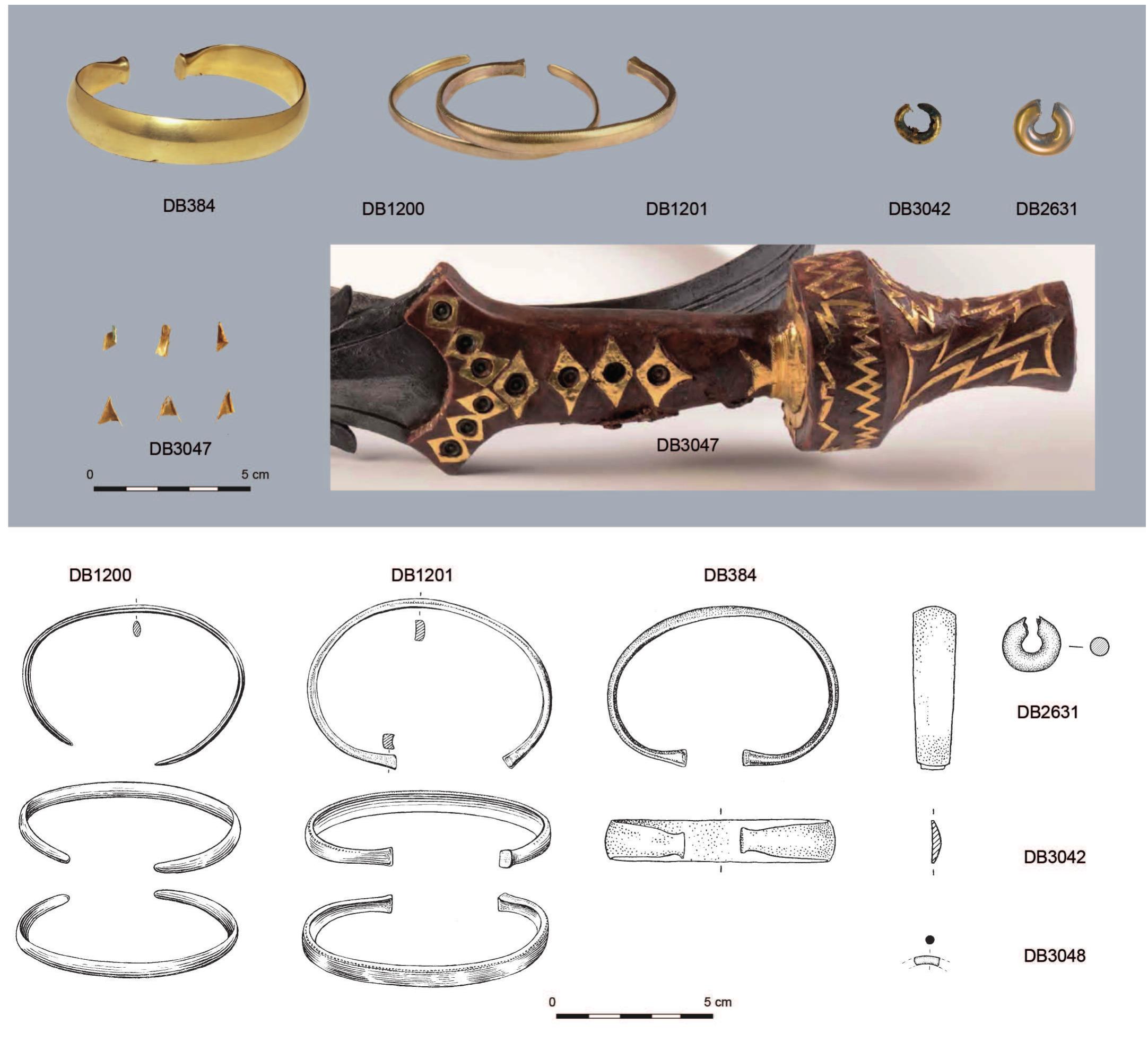 Fig. 5. Late Bronze Age — Early Iron Age gold finds from the Netherlands (top: DB348: RMO; DB2631: Gemeente Nijmegen; DB3042, DB3047: RMO; DB1200-DB1201: Drents Museum. DB3047 from Van der Vaart-Verschoof 2017a: 123 fig. 6.3 (photo of hilt by R.J. Looman, RMO) and Van der Vaart-Verschoof 2017b: 177, fig. C26.1 n° 7). Drawings: GIA. 