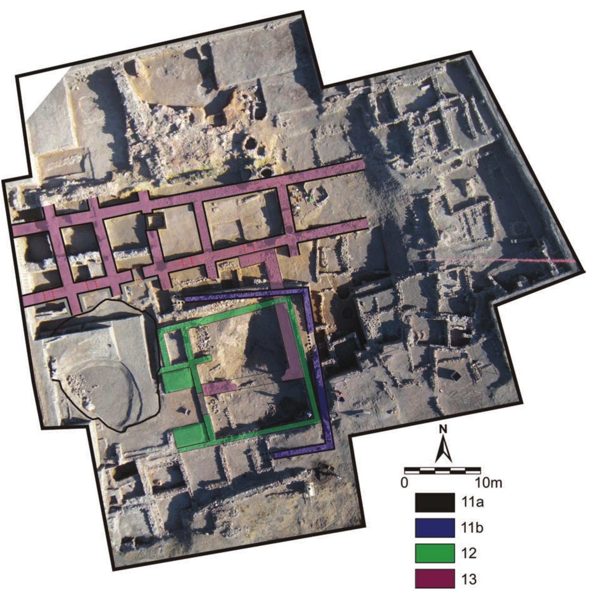 Fig. 1. Aerial photograph of the EBA trench.  Additionally, significant finds that establish interregional relations were brought to light (T. Ozgii¢ 1986b, 1963, 24). Since 2009, excavation of the protohistoric periods of the settlement on the tepe has been renewed. This chap- ter provides a review of the data about the EBA occupation of Kiltepe, including information from the excavations of the 1950s and 1960s and that were obtained during the campaigns of 2010-2012. 