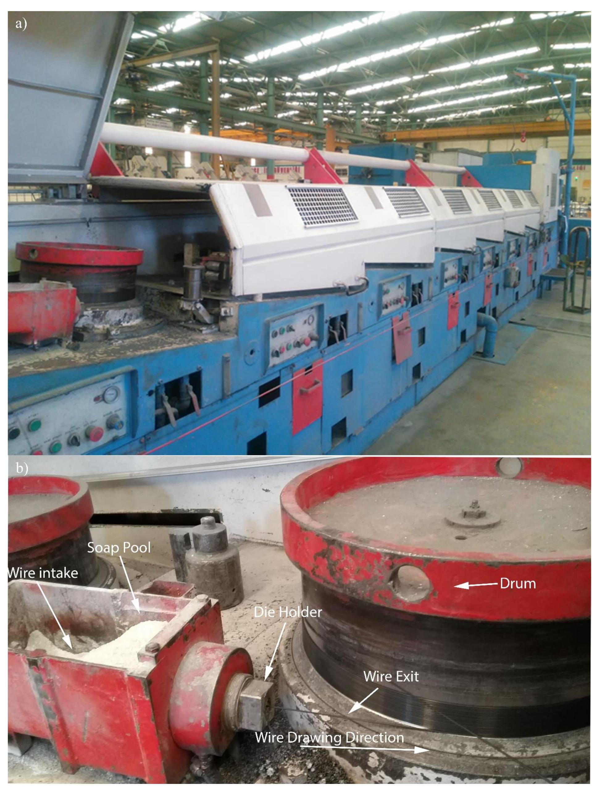 A)wire drawing machine and b)wire drawing setup