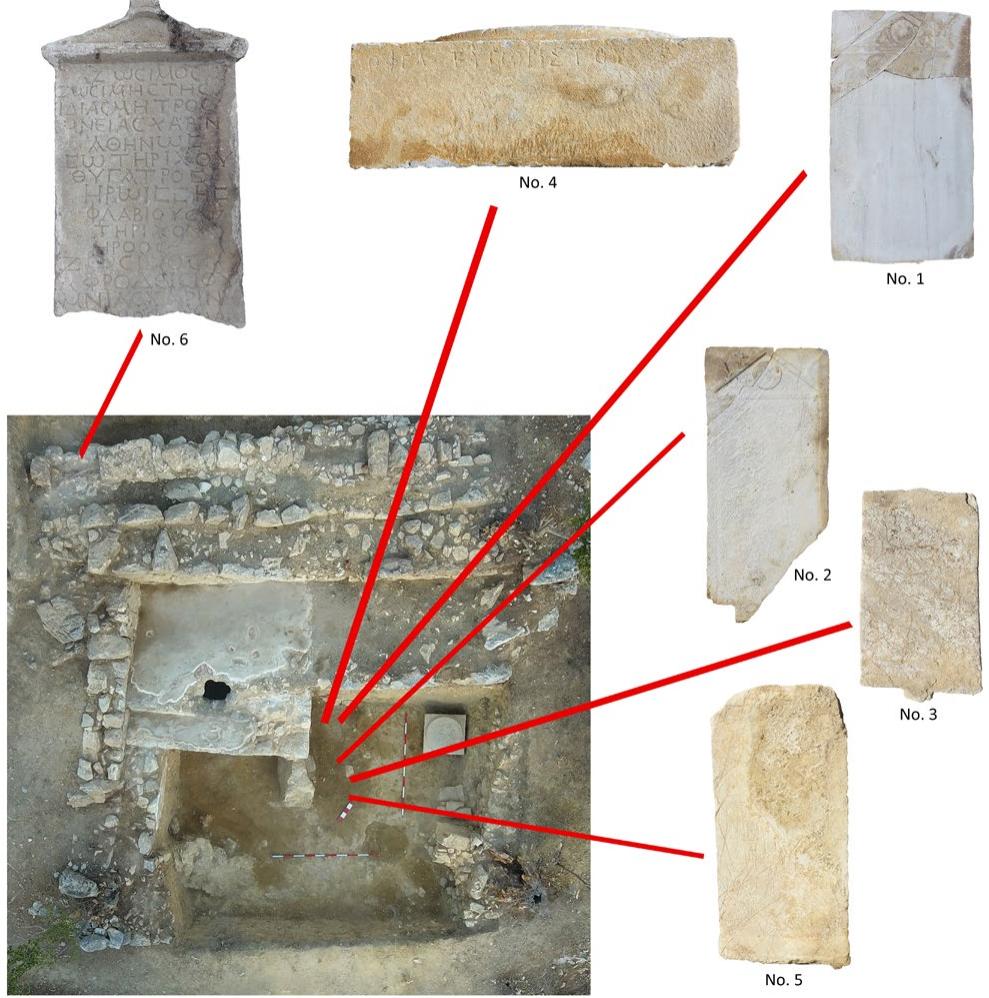 Fig. 1. “Tomb 1” and the inscriptions (from the excavation archive, by D. O. Tozluca)  The grave was placed in an east-to-west direction and it was constructed in a rectangular form with barrel vaulting. The entrance of the grave is at the eastern side. Due to the damage caused by the grave robbers, the original arrangement of the burial chamber is unknown?. According to the archaeological evidence the vaulted tomb and the sarcophagus-type grave were probably robbed more than once, possibly twice*. The sarcophagus-type grave was built beside the eastern entrance of the vaulted tomb and the top of the grave was covered with a reused altar base (no. 4) and four grave stelai? (no. 1, 2, 3,5). The stele on which the inscription no. 6 was carved, was found reused in the northern wall of the canal which was located to the northwest of the tomb (fig. 1). 