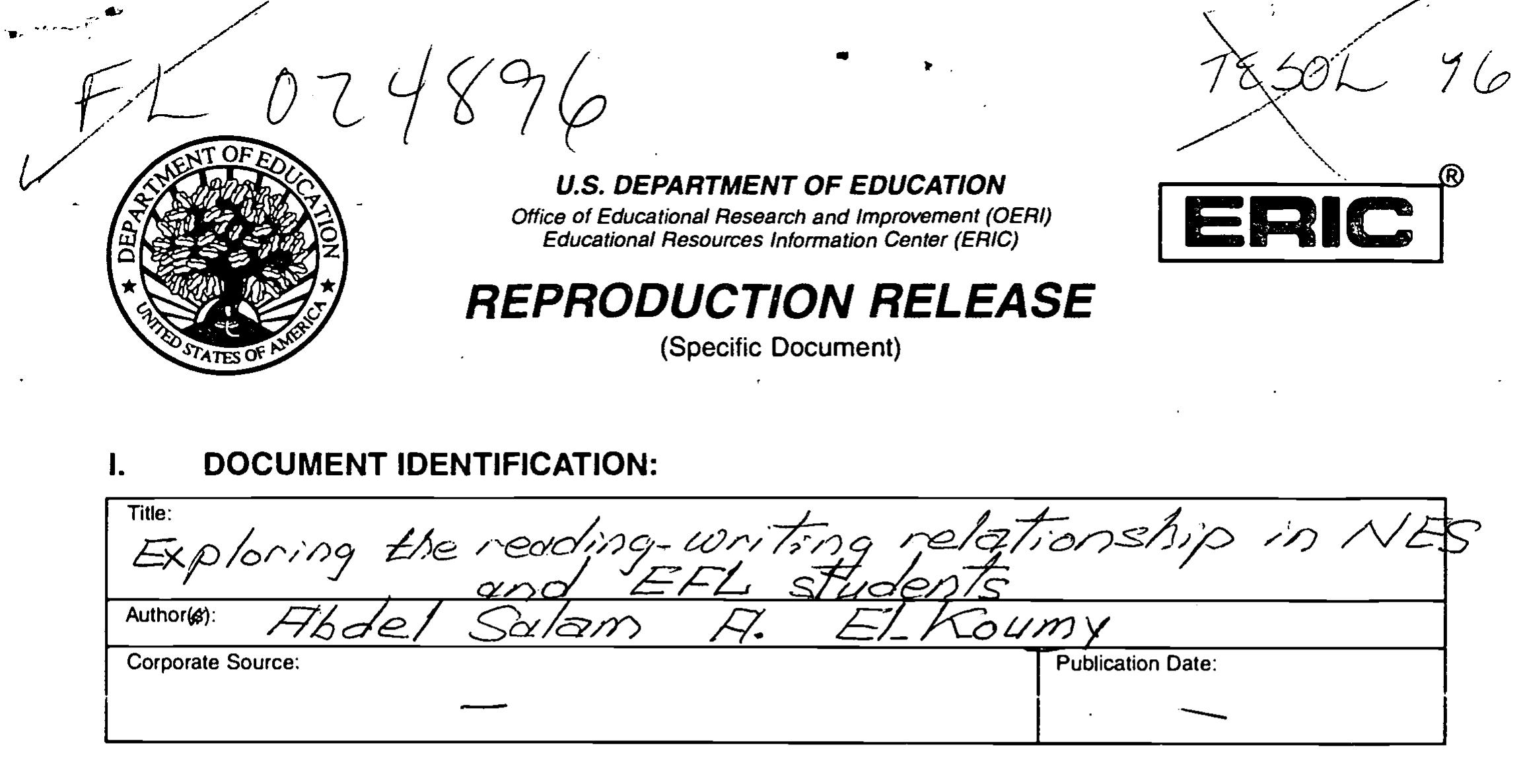 Eric Microfiche Example (PDF) Exploring the Reading-Writing Relationship in NES and EFL Students