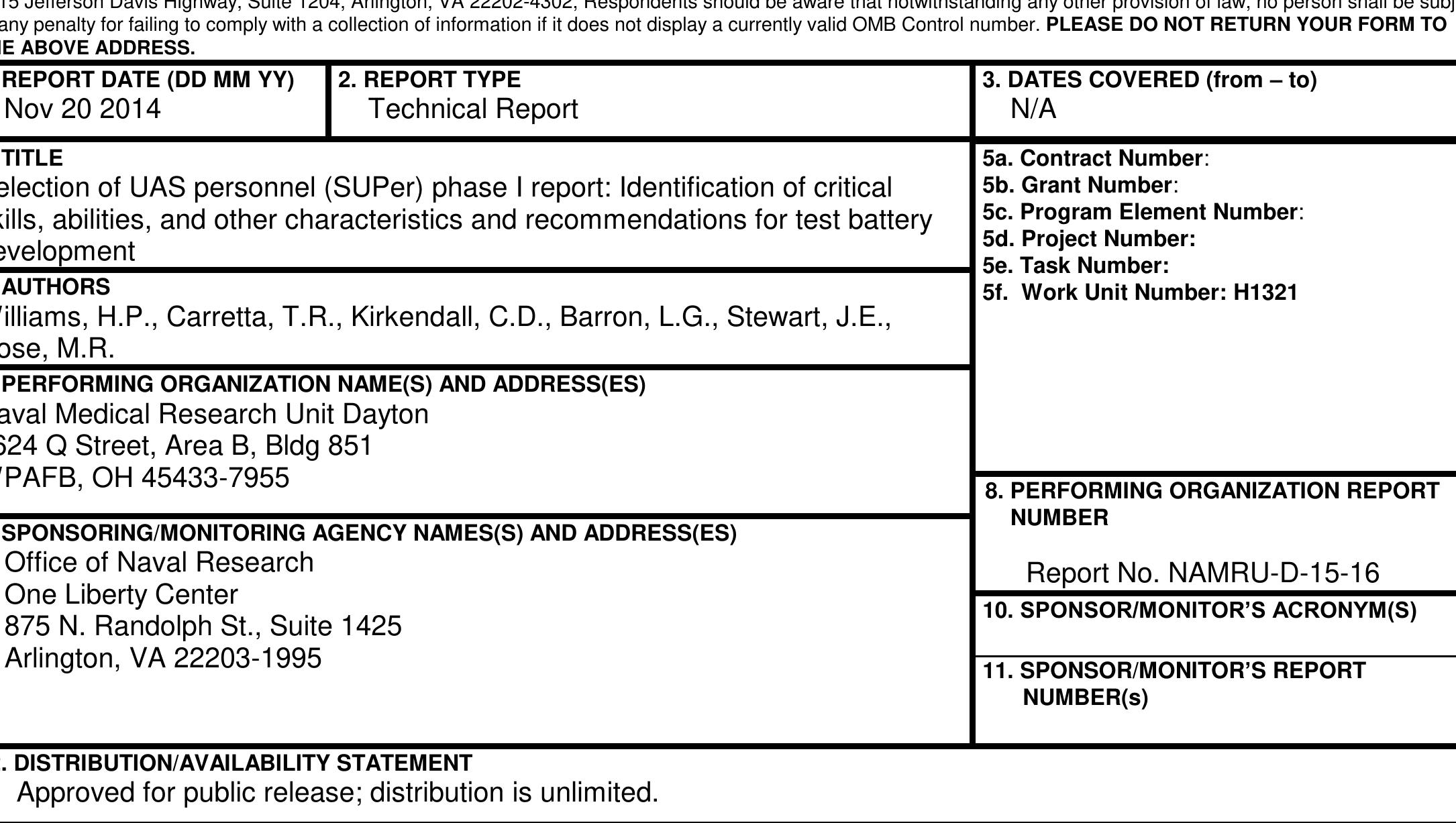 Uas Reporting Card.pdf (PDF) Selection of UAS Personnel (SUPer) Phase I Report: Identification ...