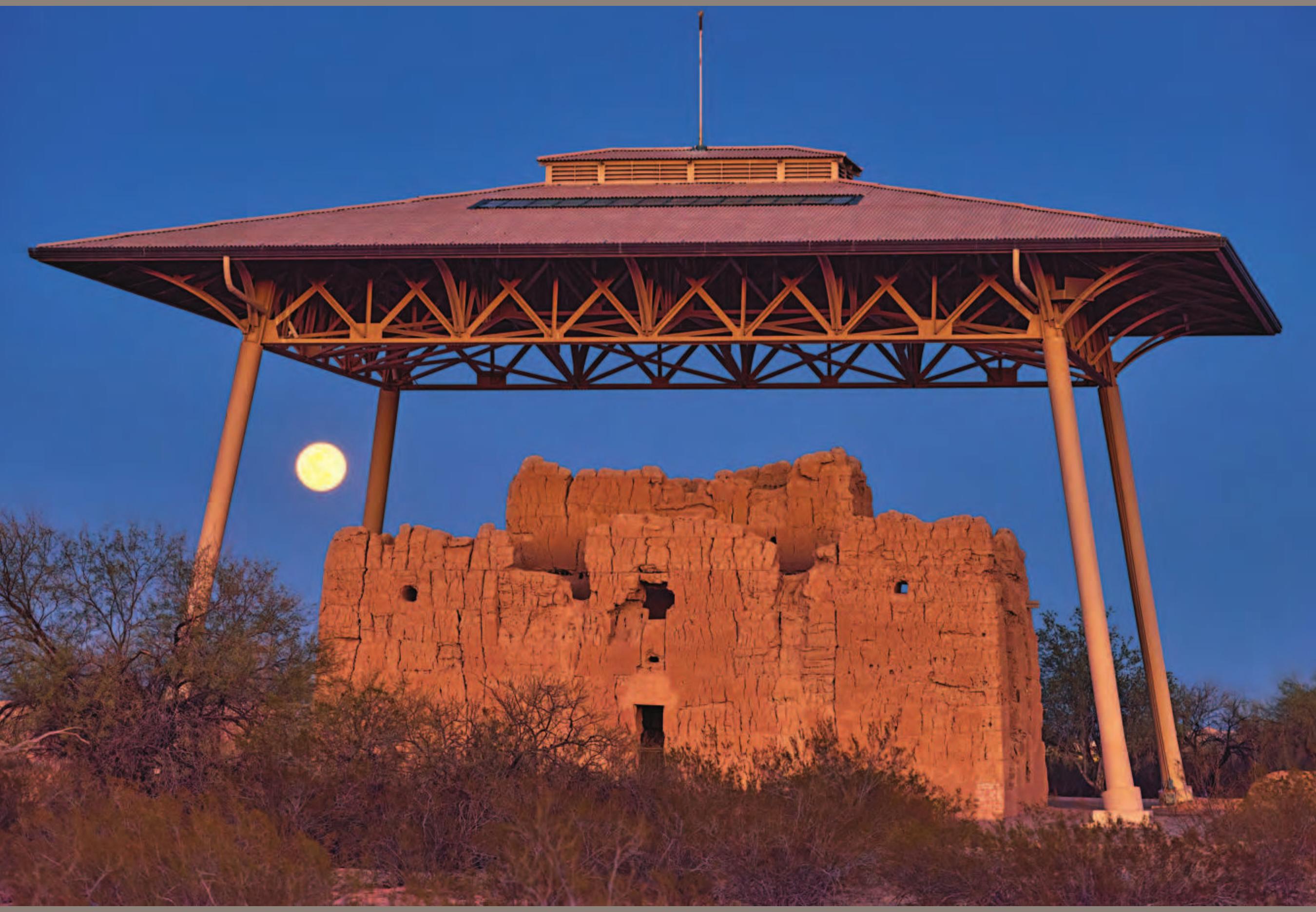 The Great House at Casa Grande Ruins National Monument in Coolidge, Arizona. The protective shelter over this fourteenth-century multistory earthen structure, built and used by the ancestral Sonoran Desert People, was designed by Frederick Law Olmsted Jr. and constructed in 1932. Photo: ©Neil Dixon, The Front Standard Photography. 