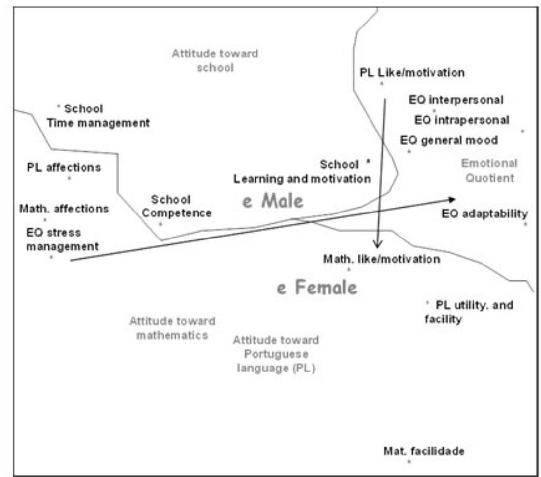 Fig. 1. SSA factor of the 4 scales for Ist LES considering as external variables (e) sex (1x2 Coordinated Solution 3-D, Coefficient of Alienation .08).. 