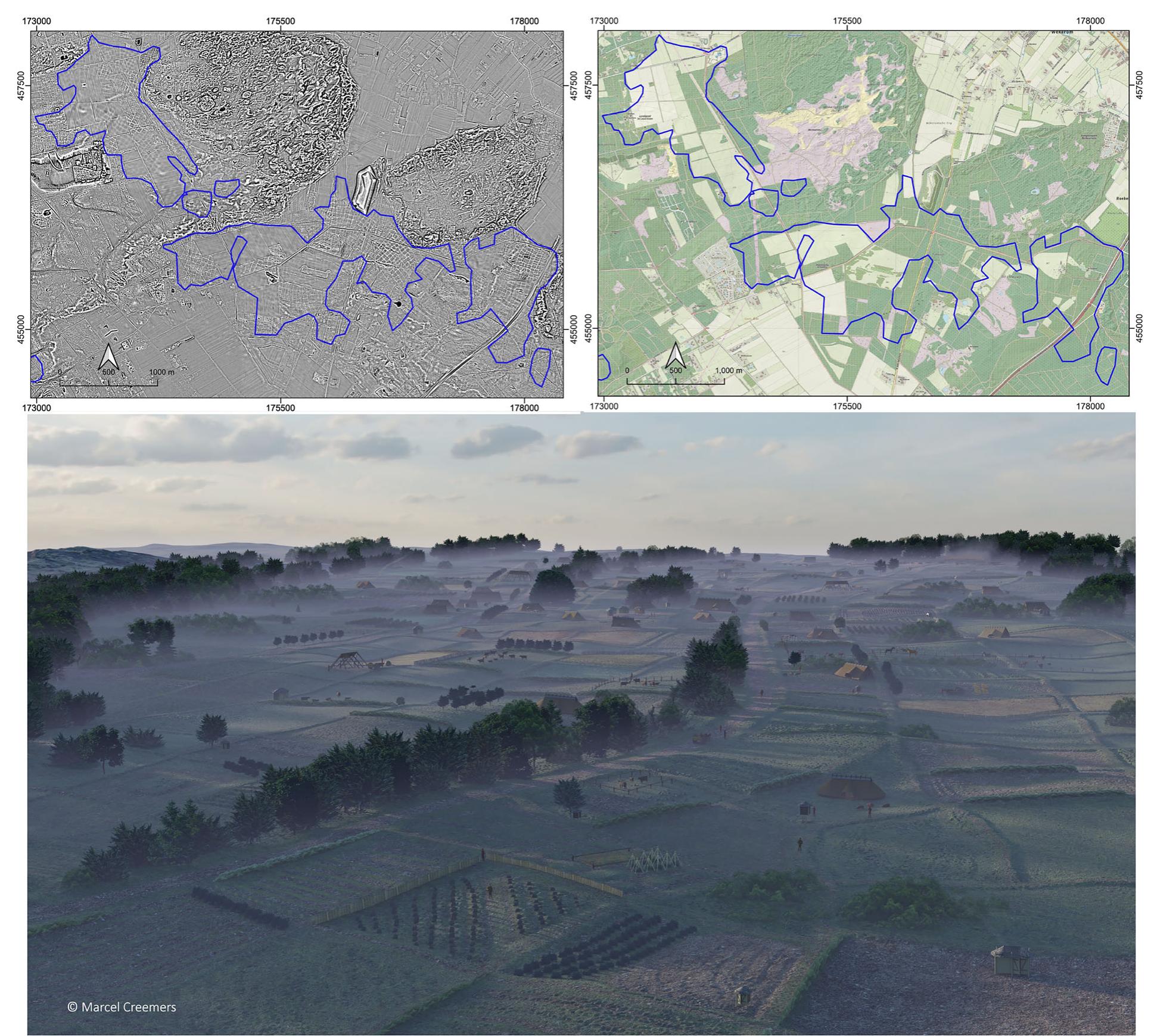 FIGURE 2_ Top left: Example of the vast surface area of later prehistoric field systems known as raatakkers (Celtic fields; blue) near the  hamlets of Lunteren and Wekerom (cf. Arnoldussen & Scheele, 2014), spanning areas of up to 1.9 km?. Top right: The same Celtic fields (blue) on a current topographical map, showing forest in dark green, agricultural fields in light green and drift sand in grey. Bottom: Artist's reconstruction  of an active raatakker system north of Elst (Utrecht) by Marcel Creemers (CC-BY-NC). [Colour figure can be viewed at wileyonlinelibrary.com] 
