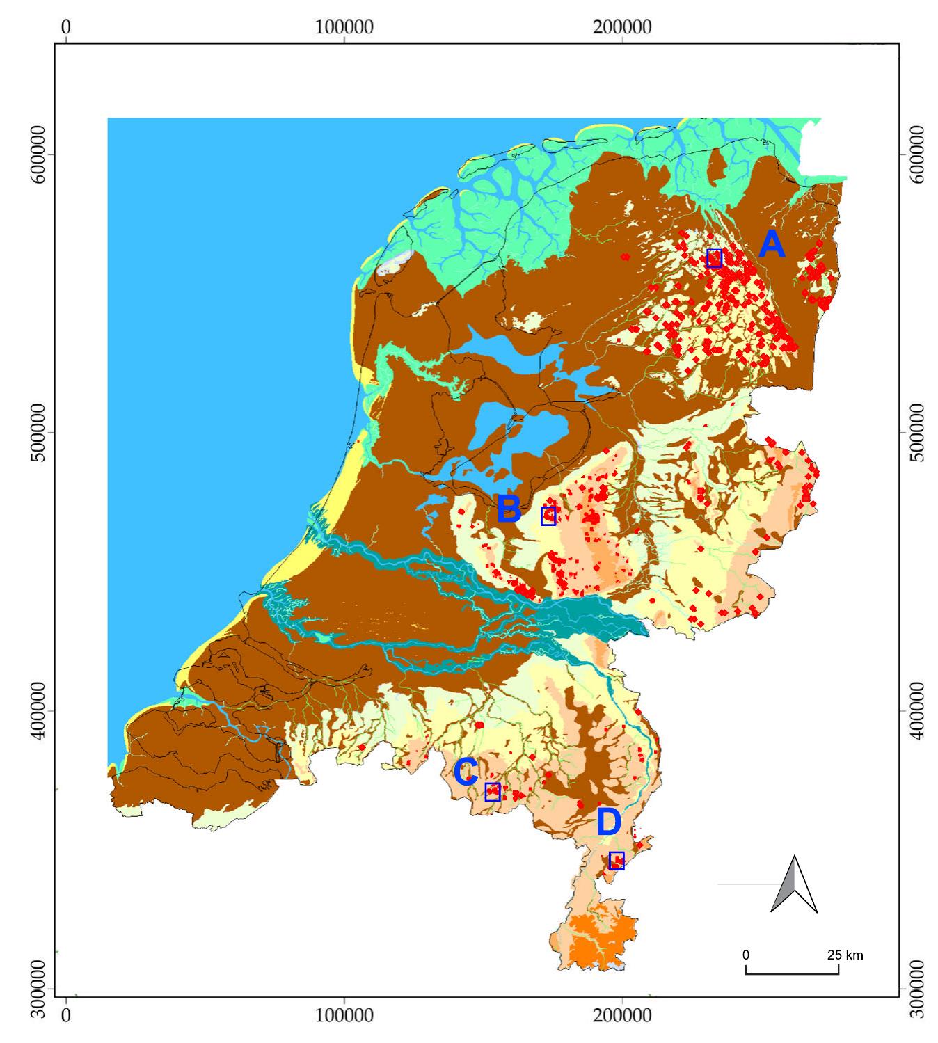 fluvial sediments (de Mulder et al., 2003, 323; 349) and is cross-cut by  stream and brook valleys (Gerritsen, 2003, 17-18; de Mulder 