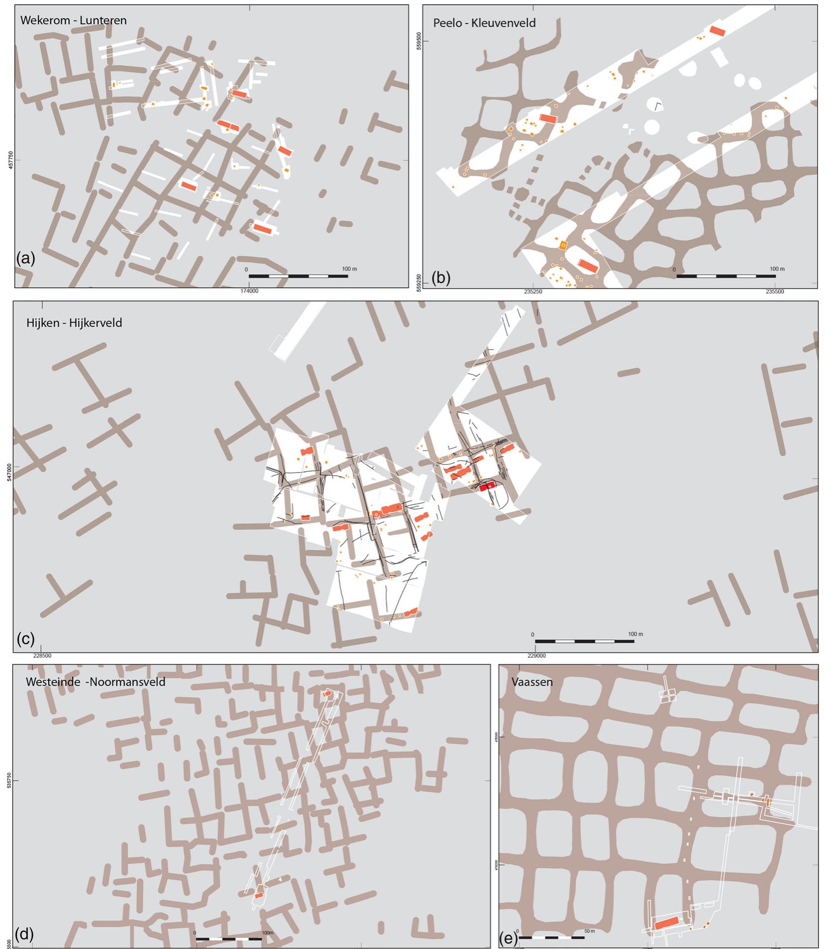 FIGURE 6 Overview of excavated Celtic fields with Iron Age habitation. (a) Wekerom-Lunteren: after Van Klaveren 1986; Arnoldussen & Scheele, 2014: 15 fig. 8), (b) Peelo-Kleuvenveld (after Kooi & de Langen, 1987; Kooi, 1979). (c) Hijken-Hijkerveld (after Harsema 1974; 1991: 23 fig. 2; Arnoldussen & de Vries, 2014: 101 fig. 12). (d) Westeinde-Noormansveld (after Arnoldussen & de Wit, 2018, 60 fig. 3.4.8.). (e) Vaassen (after Brongers, 1976, 44 fig. 4). White areas and outlines represent the excavated areas. The locations of reconstructed and observed Celtic field banks are depicted in halftone brown. lron age houses and outbuildings are depicted in red, and the black polylines represent fence lines (note that for Peelo, Vaassen and Hijken barrows also present have been omitted from the plans). [Colour figure can be viewed at wileyonlinelibrary.  com] 