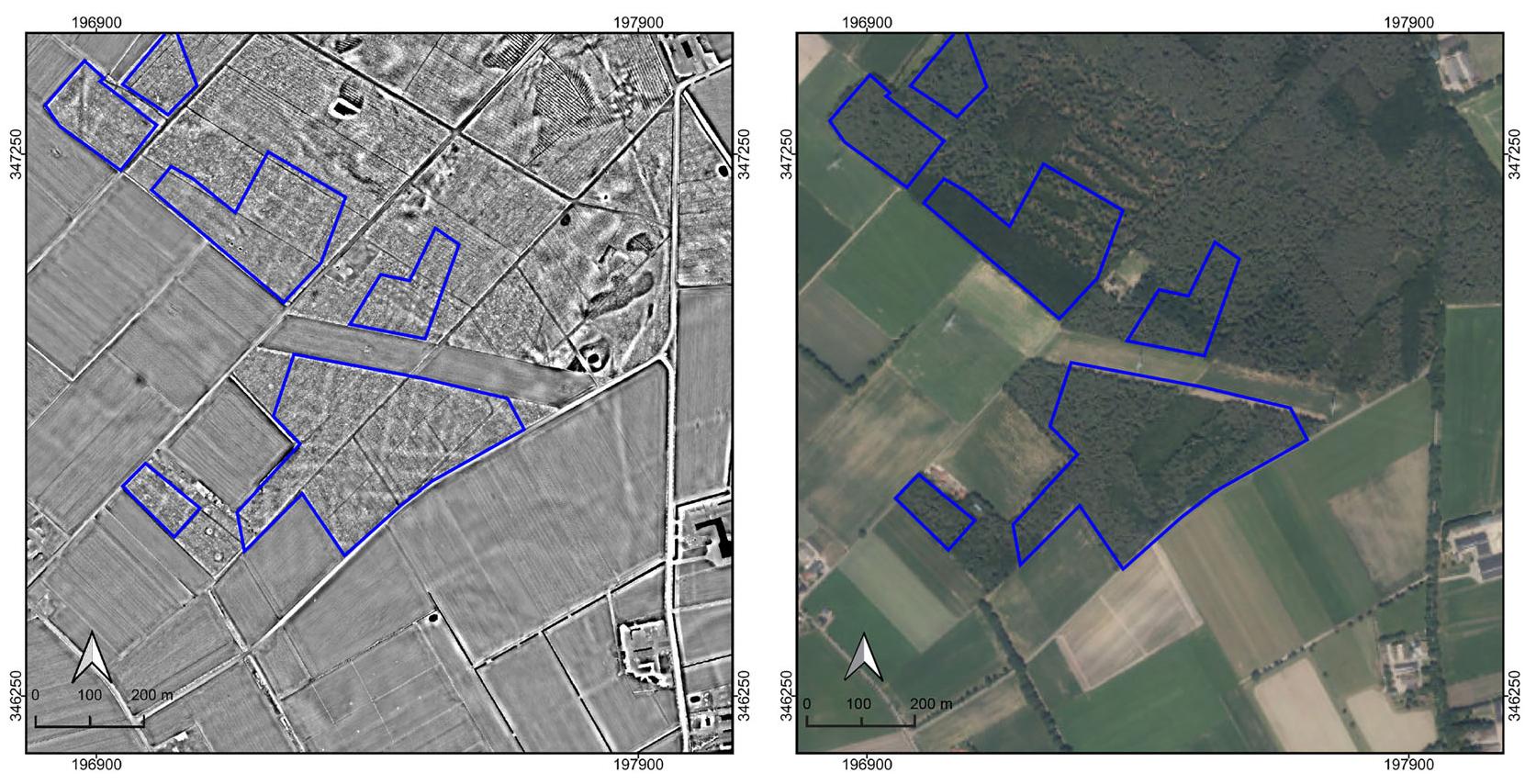 FIGURE 7 Left: Excerpt of LiDAR-derived DEM data from the Posterholt area (D), visualized with simple local relief model (Hesse, 2010). Right: Same area with a recent aerial photograph, clearly showing the visible Celtic field complexes (blue outlines) are delimited due to destructior by modern agriculture (source of the elevation model and photograph: Nationaal Georegister, 2021; Coordinates in Amersfoort/RD New, EPSG:  28992). [Colour figure can be viewed at wileyonlinelibrary.com] 