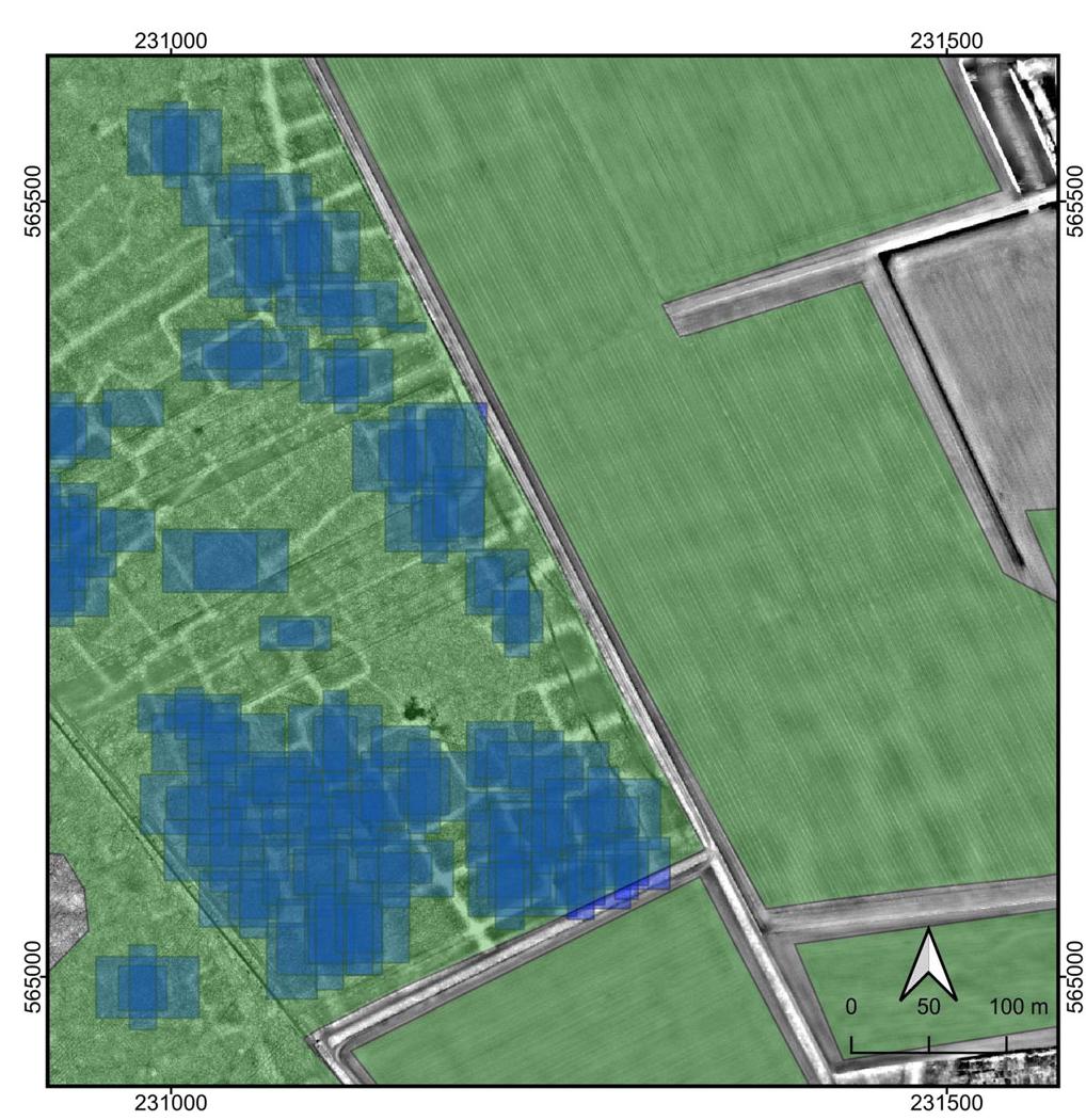 involved in the process.  FIGURE 8 | Excerpt of LIDAR-derived DEM data from the Zeijen area (A), visualized with simple local relief model (Hesse, 2010), showing detections made by the automated detection model (blue rectangles) and the manually annotated Celtic field areas (green areas; source of the elevation model: Nationaal Georegister, 2021; Coordinates in Amersfoort/RD New, EPSG: 28992). [Colour figure can be viewed at wileyonlinelibrary.com] 
