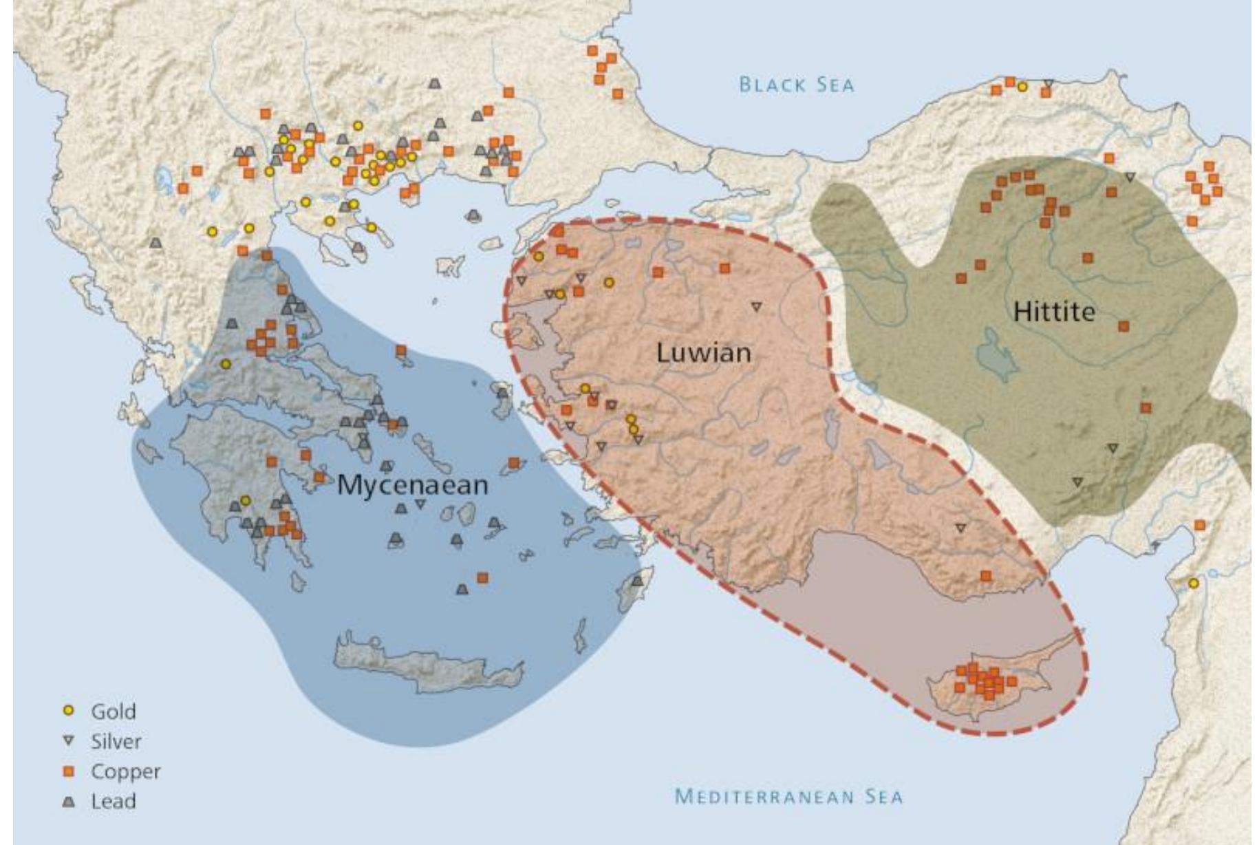 Previously acknowledged Late Bronze Age cultures in the North-eastern Mediterranean with the addition of a Luwian sphere of influence in western Asia Minor, and also indicating ore deposits.  What was the nature of the Anatolian side of the Aegean during the Middle and Late Bronze Age (c. 2000 1200 BCE)? Did it have an independent culture or was it an economic and political wilderness? These are some of the questions addressed by our recent study of Middle and Late Bronze Age Western Anatolia. And what is the role of the still not fully understood Luwian culture?  