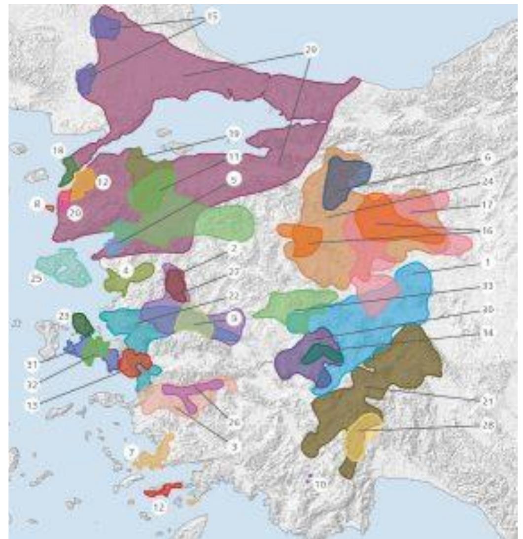 Areas in western Turkey that have thus far been covered by archaeological surveys.  What actually did the project entail? By assessing the results of 33 excavations and 30 surveys, the team produced a meta-analysis including a catalog comprising 477 large settlement sites (diameter of >100 m) that were inhabited throughout the second millennium BCE. 