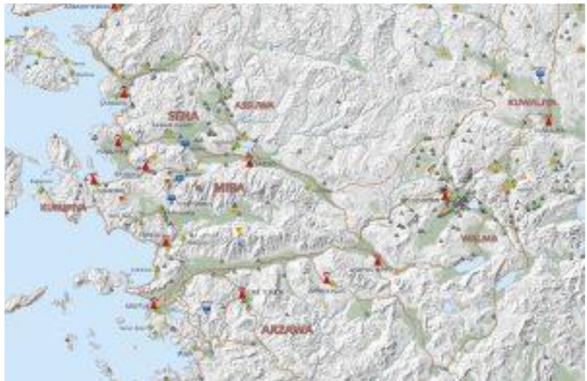 Topographic map indicating the situation around 1200 BCE, using geographic coordinates of all 47 settlements sites. 